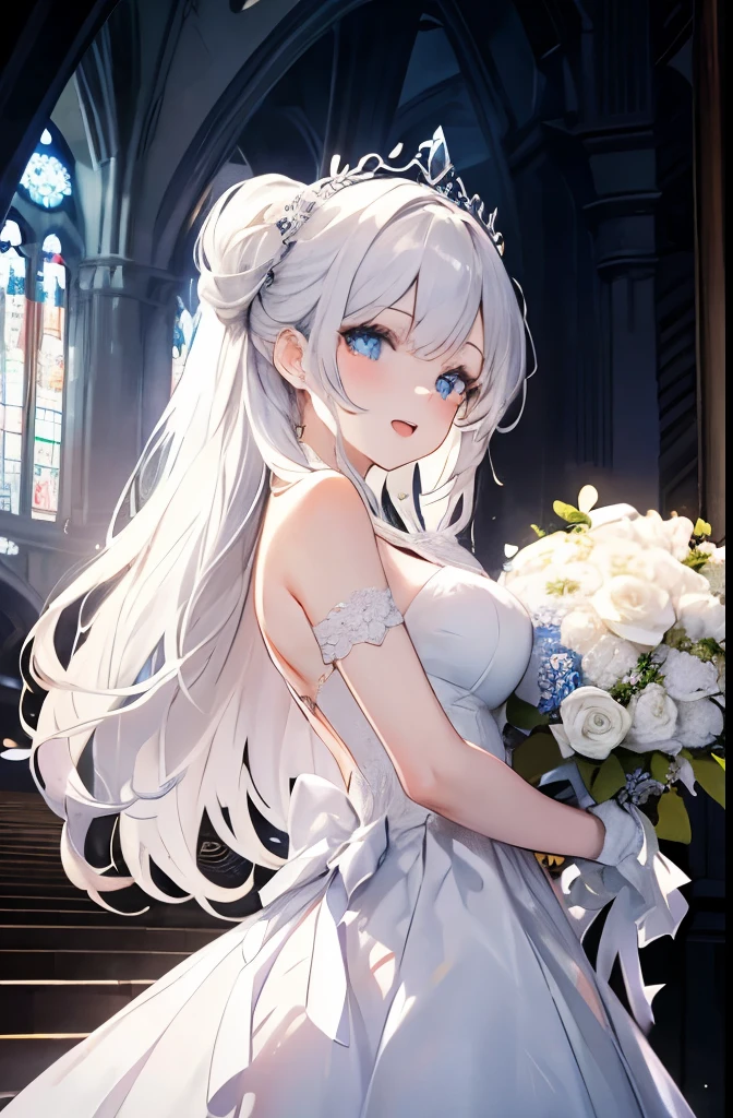 masutepiece, Highest Quality, (Perfect face:1.1), (high detailing:1.1), (ultradetailed eyes), Dramatic, superfine illustration, Extremely detailed, 1girl in, (pale skin), long white hair, Ethereal eyes, Blue eyes,Solo,Smile, Happy, Laugh, Enjoy, Open mouth, Pouty lips,Cinematic lighting, Looking at Viewer, Cowboy Shot,Blue wedding dress,bouquet,indoor, Church, Tiara,long white gloves, Chignon