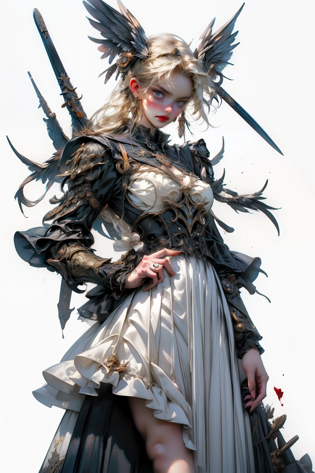 ((best quality)), ((masterpiece)), (detailed), blank white background, plain background, white background, Bloodborne inspired, occult aesthetic, occult, detailed and intricate steampunk and detailed gothic, NSFW, Very dramatic and cinematic lighting, cosmic horror, grim-dark, side-lighting, perfect face, a beaituful goddess valkyrie adorned and enshrined in armour, Bloodborne inspired valkyrie, occult aesthetic valkyrie, occult valkyrie, detailed and intricate steampunk and detailed gothic valkyrie, wielding a sword and holding a shield, NSFW, Fluttering lace flared long knee length dress with frilly petticoats, knee length dress, pleated petticoats, ta dress, petticoats gothic loliside-lighting, gothic lolita aetic, beautiful small breasts, small breasts, full body, whole body, body, plain background, white background, blank background, no background, white background NSFW