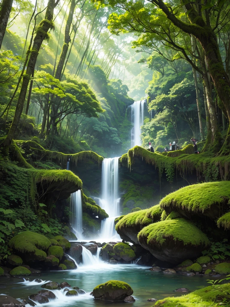 A photo of a lush rainforest captured at dawn。 Golden sunlight penetrates the treetops、Creates magical effects of light and shadow。 The forest floor is covered with a green carpet of moss and ferns.。、A tangle of roots and stones covered in lichen。 Trees leading to a crystal clear lake々A winding road winds between。 In the background、A tall waterfall falls from a high cliff、Creates a bright rainbow。