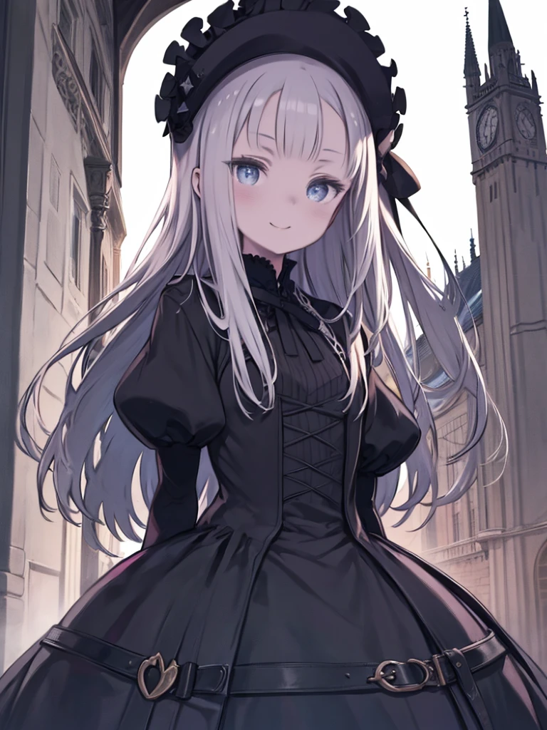 1 girl, Captivating eyes, Alluring expression、Black and white photography、Pale look、Gothic Lolita、Townscape of medieval Europe、night、Smile eerily