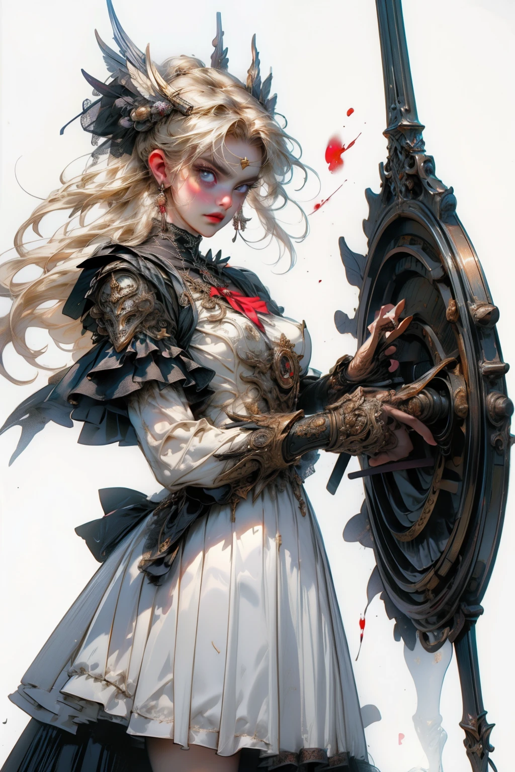 ((best quality)), ((masterpiece)), (detailed), blank white background, plain background, white background, Bloodborne inspired, occult aesthetic, occult, detailed and intricate steampunk and detailed gothic, NSFW, Very dramatic and cinematic lighting, cosmic horror, grim-dark, side-lighting, perfect face, a beaituful goddess valkyrie adorned and enshrined in armour, Bloodborne inspired valkyrie, occult aesthetic valkyrie, occult valkyrie, detailed and intricate steampunk and detailed gothic valkyrie, wielding a sword and holding a shield, NSFW, Fluttering lace flared long knee length dress with frilly petticoats, knee length dress, pleated petticoats, lolita dress, petticoats gothic lolita, side-lighting, gothic lolita aesthetic, beautiful small breasts, small breasts, full body, whole body, body, plain background, white background, blank background, no background, white background NSFW