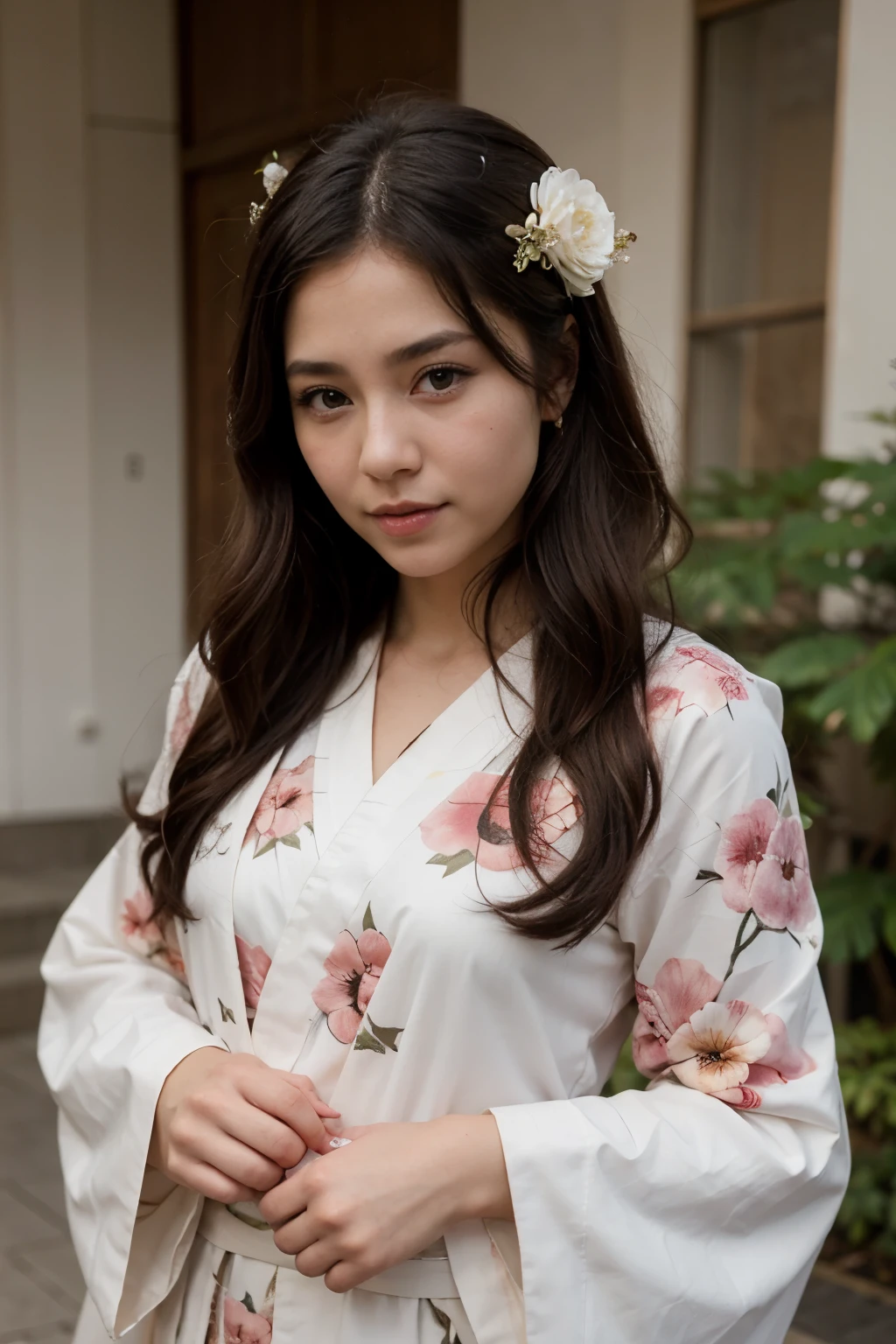 Chica de estatura corta, japonesa, piel morena, ojos marrones, cabello corto peinado tradicional, kimono hanfu con dibujos de flores de cerezo, estilo anime Kimetsu no yaiba