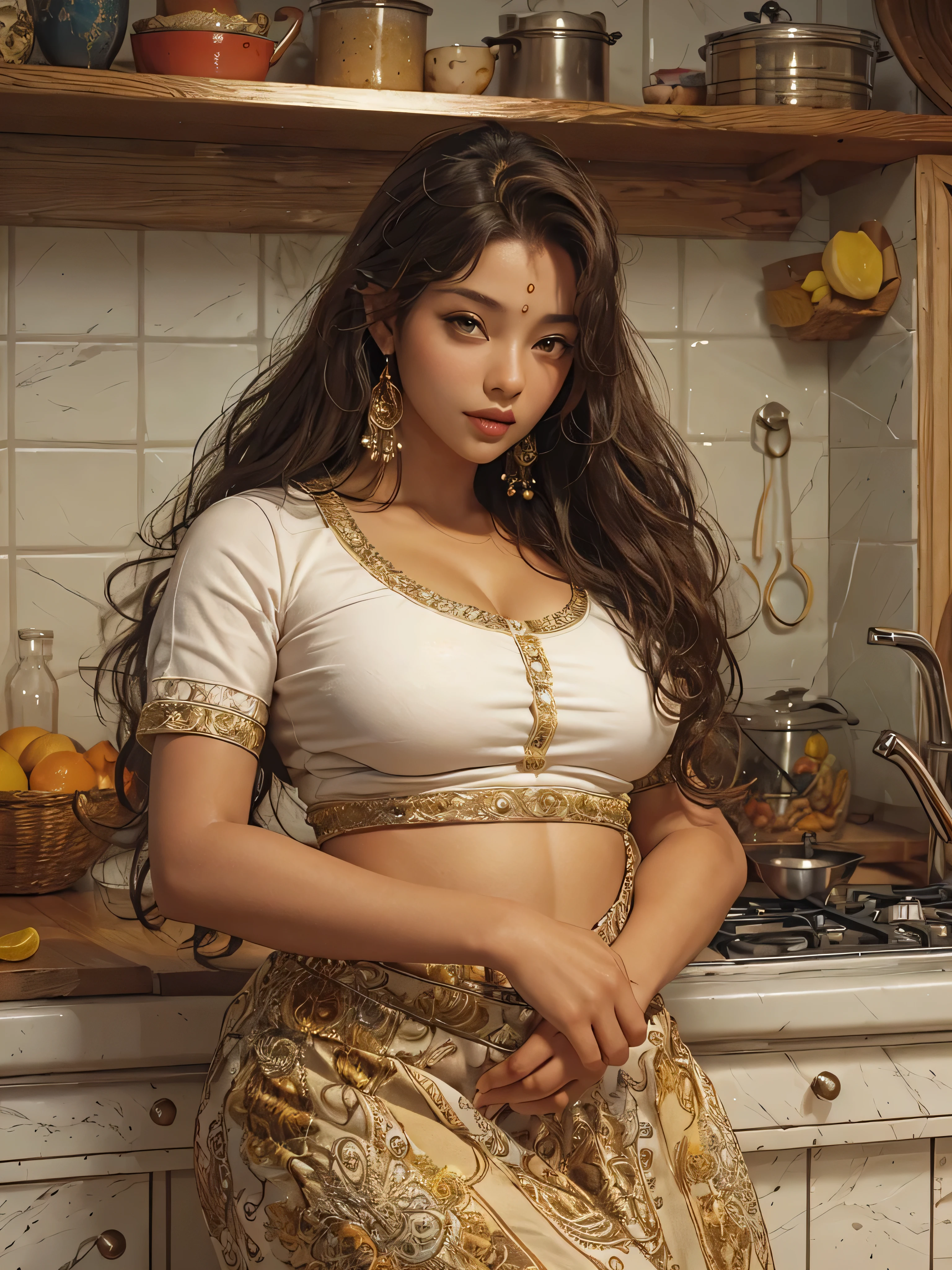she has a very thick body with juicy curves, she has beautiful stretch marks, she has a thick juicy ass, she has large natural saggy breasts, upright, she is cute, sweet face, fleshy lips, light brown eyes, light brown skin colour, she has long wavy light chocolate hair flowing naturally down her shoulders, She is wearing a traditional Indian dress, very sensual outfit, in a kitchen, night, sensual pose, realistic skin textures, realistic hair textures, realistic body textures, 4K resolution, full body picture, background aesthetic