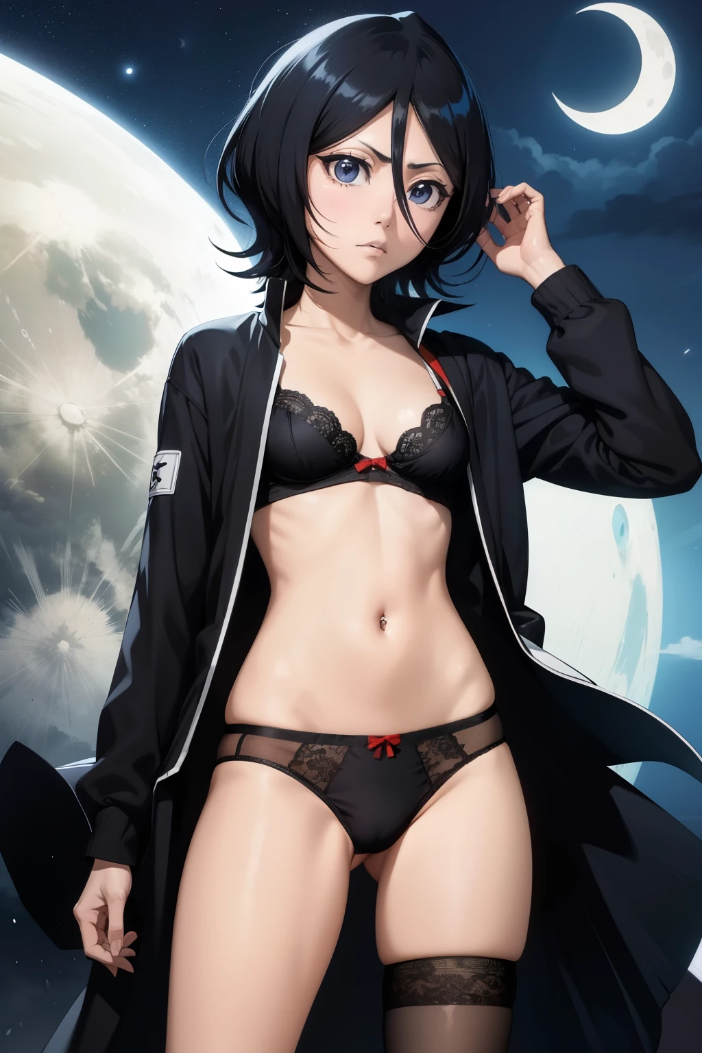 Rukia , anime , masterpiece  , Masterpiece ,ultra detailed, rukia , Angry face , solo , black jacket, open clothes, bra , flat chest , pantie , long socks , looking at viewer . Standing ,night , moon background. Belly button piercing. 
