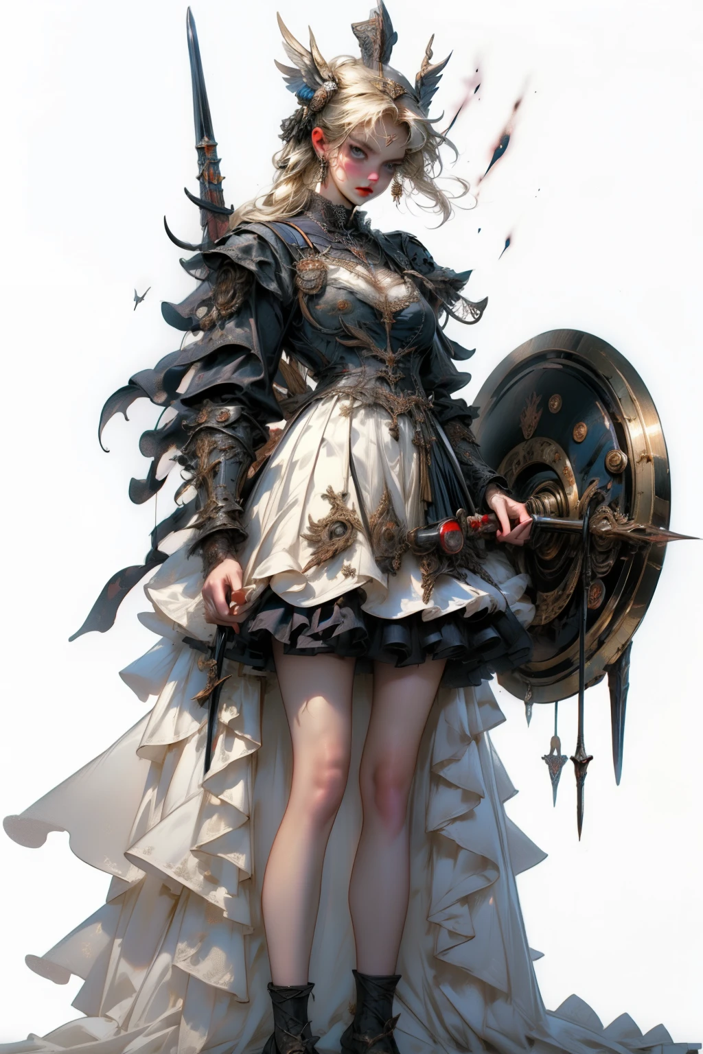((best quality)), ((masterpiece)), (detailed), blank white background, plain background, white background, Bloodborne inspired,  occult aesthetic, occult, detailed and intricate steampunk and detailed gothic, NSFW, Very dramatic and cinematic lighting, cosmic horror, grim-dark, side-lighting, perfect face, a beaituful goddess valkyrie adorned and enshrined in armour, Bloodborne inspired valkyrie, occult aesthetic valkyrie, occult valkyrie, detailed and intricate steampunk and detailed gothic valkyrie, wielding a sword and holding a shield, NSFW, Fluttering lace flared long knee length dress with frilly petticoats, knee length dress, pleated petticoats, ta dress, petticoats gothic loliside-lighting, gothic lolita aetic, beautiful small breasts, small breasts, full body, whole body, body, plain background, white background, blank background, no background, white background NSFW, full body, whole body, head-to-toe