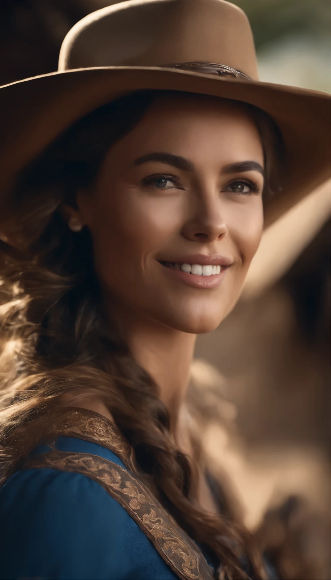 with high definition images,Beautiful cowgirl(masterpiece、highest quality:1.2)、Cowboy themed images、solo、One woman、Marianne von Edmund、Captivating smile、Look directly at your audience、Blue dress featuring a capelet、Western-style hats、Highly detailed、Intricately crafted facial features、Realistic skin texture、Expressive eyes、Warm and inviting、Rustic, sun-kissed landscape、The perfect blend of elegance and rugged charm。