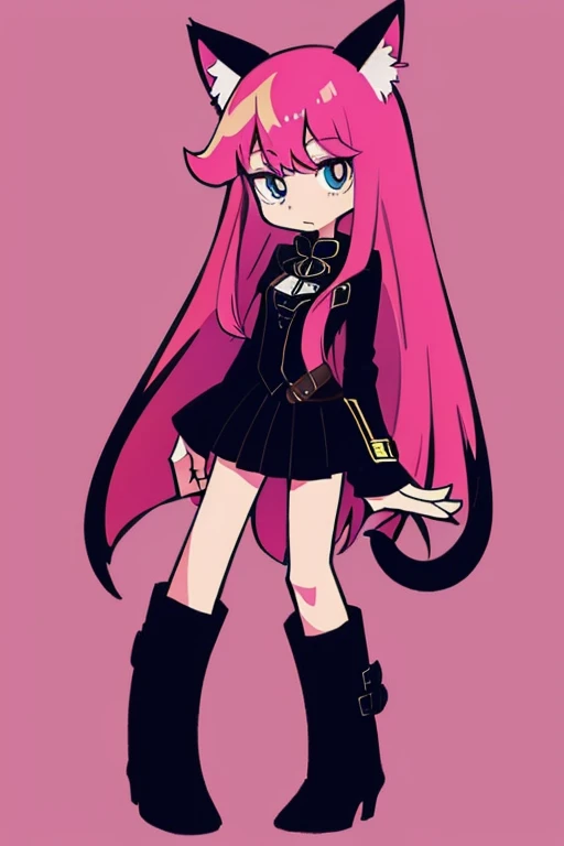 Cat Girl pink hair long Black jacket medium breats leather with leather boots,full body