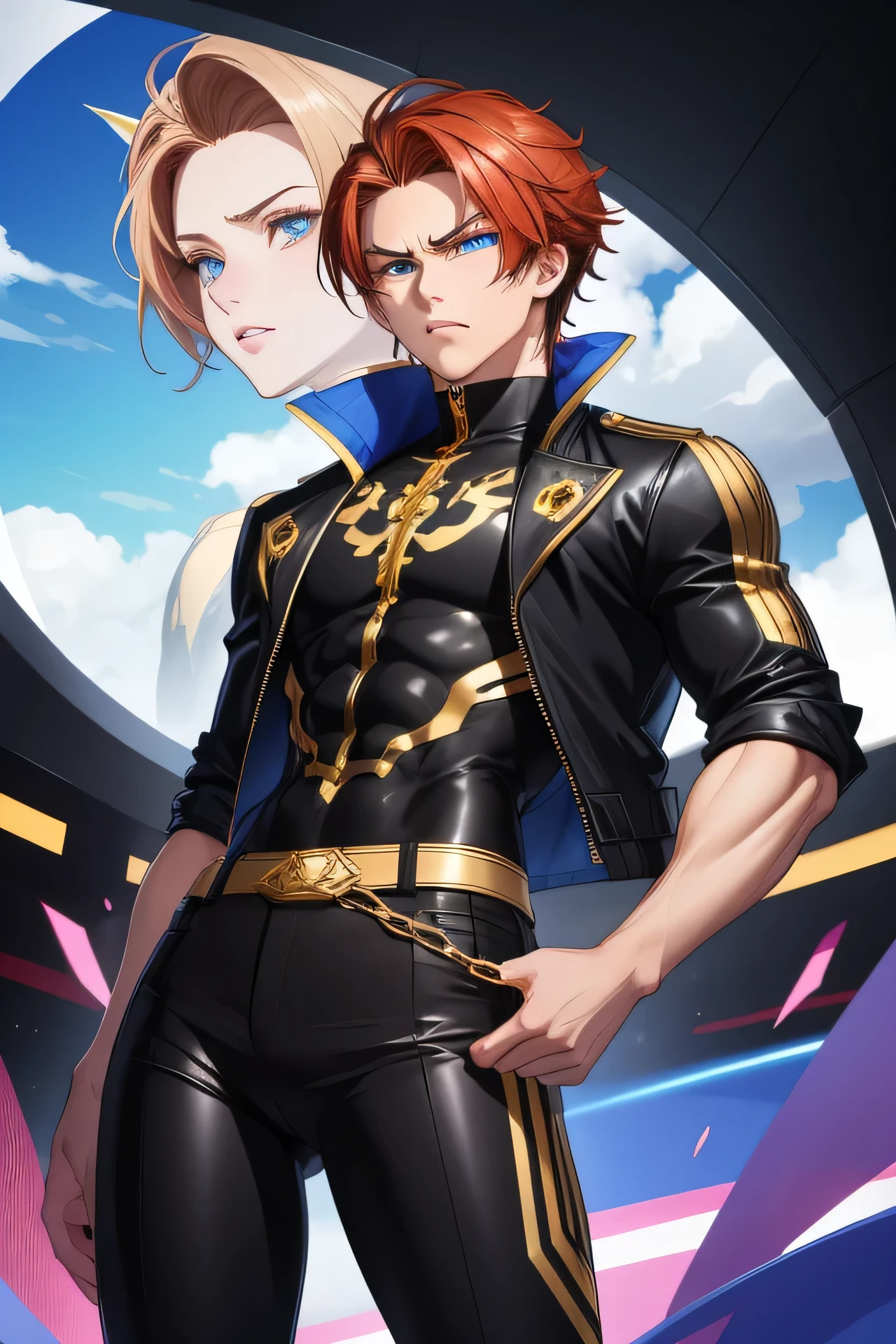 masterpiece, best quality, highres, absurdres, ultra detailed, defined eyes, White skin, oval shaped eyes, Blue eyes, Full well defined eyebrows, Muscular figure, Spiky tousled hairstyle, Short mid length hair, Bold and glamorous, Ginger hair, gold and black jacket, black pants, standing, spinning, angry, defined eyes