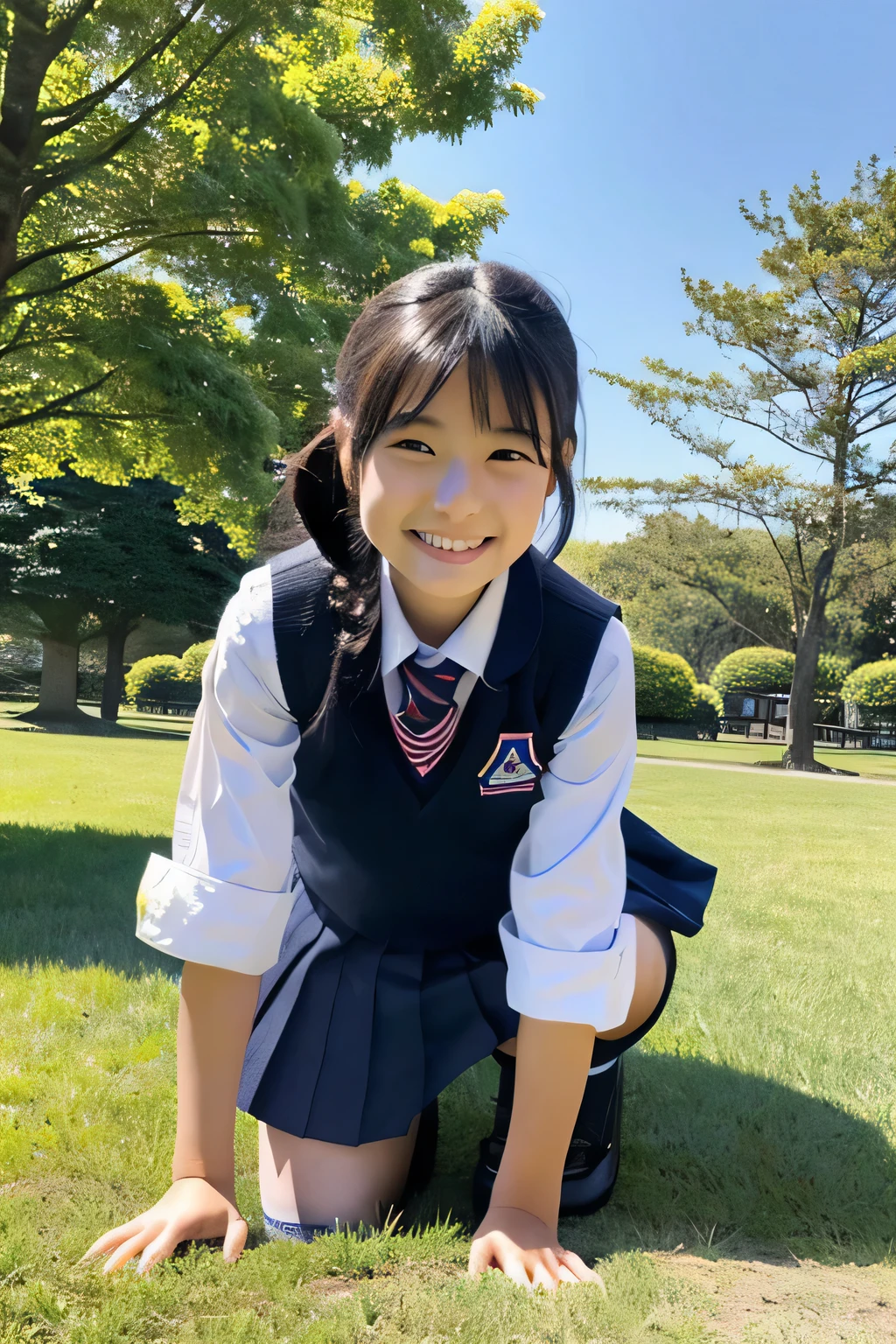 ((masterpiece)), japanese, (a girl), (18 years old), (((school uniform))), smiling, a park, dark blue knit vest, (crouch down), (view from front), sunshine,