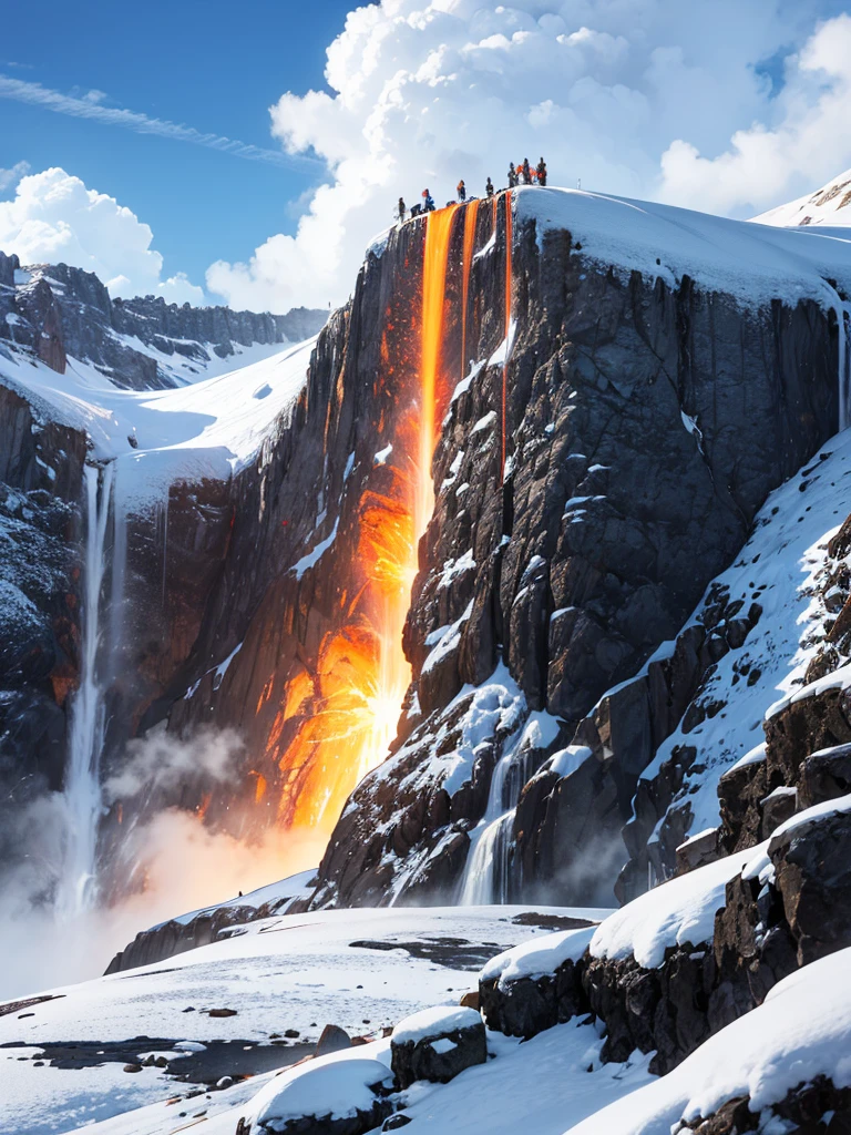 Snow-capped mountain々A lava waterfall falls into the