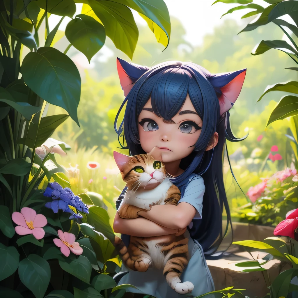 8K, (anime, manga, illustration:1.3),insanely detailed, absurd, (1girl, cat), (hug:1.2), garden