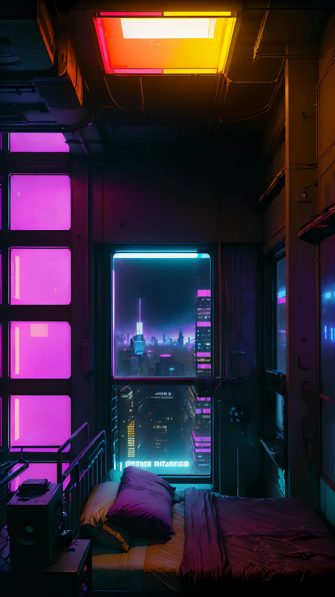 conceito:(((This is a photographic work of art there are two beds in a room with a large window overlooking the city from the 7th floor, cyberpunk room at night, quarto de adolescente cyberpunk, quarto cyberpunk, the apartamento ciberpunk, apartamento ciberpunk, apartamento bladerunner, Dystopian apartment in the city, cinematic neon matte painting, cyberpunk dreamscape, atmosfera ciberpunk, estilo cyberpunk hiper-realista, em uma sala com tema cyberpunk, cidade cyberpunk hiper-realista, Cyberpunk cyberpunk vibe.)))。 qualidade:(最高quality, 4k, 8K, high resolution, Obra de arte:1.2), Super detalhado, (realista, Photorealista, Photorealista:1.37), lighting: cinematic light, Cores brilhantes e efeitos hipnotizantes em tons de azul e vermelho,  sombras e destaques, Elementos SF, Subject information: