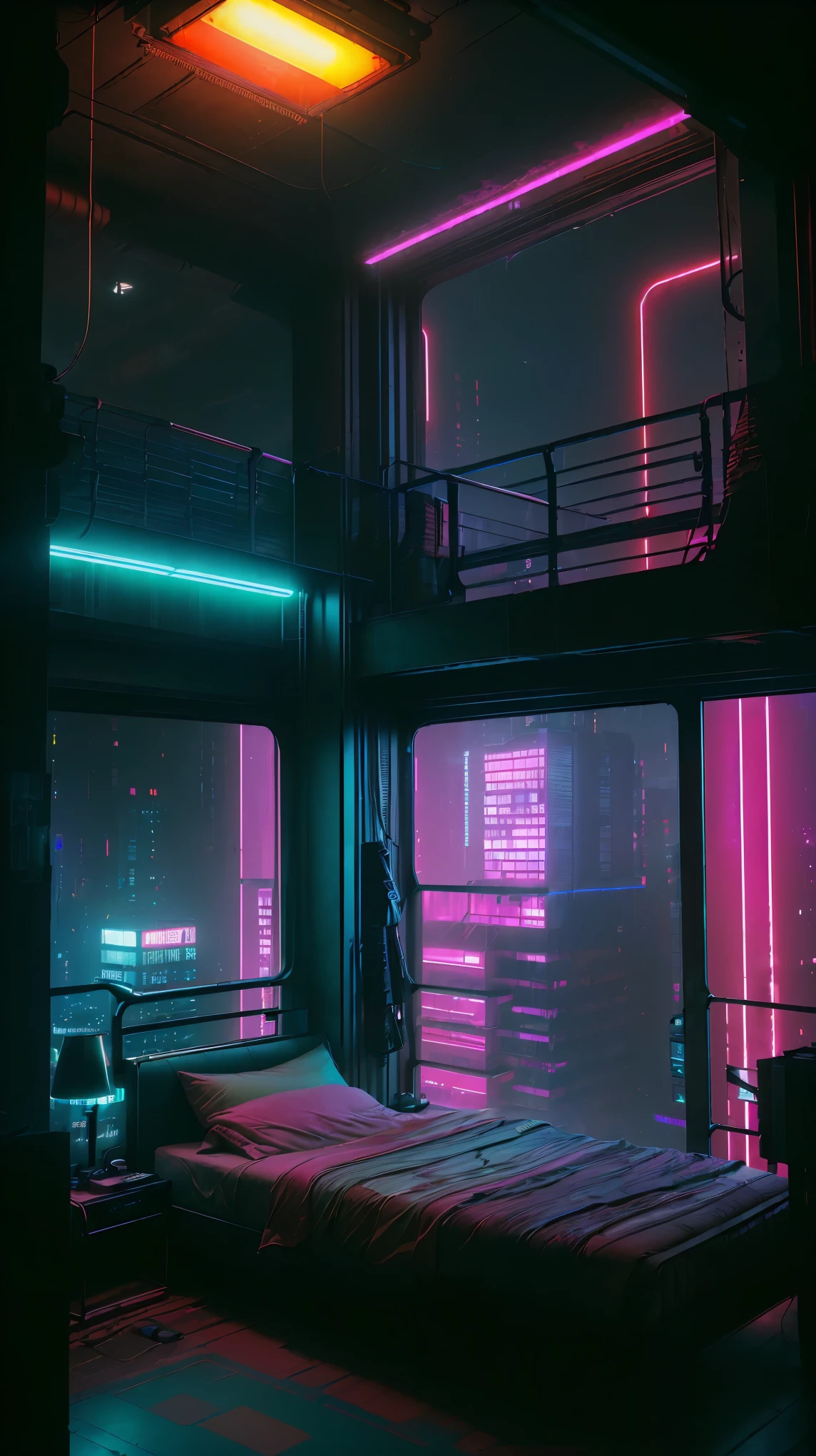 conceito:(((This is a photographic work of art there are two beds in a room with a large window overlooking the city from the 7th floor, cyberpunk room at night, quarto de adolescente cyberpunk, quarto cyberpunk, the apartamento ciberpunk, apartamento ciberpunk, apartamento bladerunner, Dystopian apartment in the city, cinematic neon matte painting, cyberpunk dreamscape, atmosfera ciberpunk, estilo cyberpunk hiper-realista, em uma sala com tema cyberpunk, cidade cyberpunk hiper-realista, Cyberpunk cyberpunk vibe.)))。 qualidade:(最高quality, 4k, 8K, high resolution, Obra de arte:1.2), Super detalhado, (realista, Photorealista, Photorealista:1.37), lighting: cinematic light, Cores brilhantes e efeitos hipnotizantes em tons de azul e vermelho, sombras e destaques, Elementos SF, Subject information: