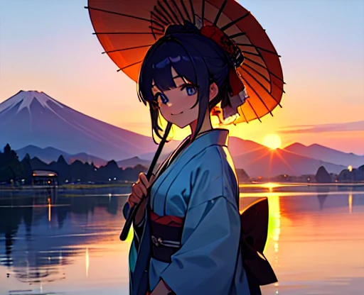 highest quality、Lakeside in front of the mountain、Mt fuji、summer、evening、Beautiful sunset、outside of home、Young girl、Smile on screen、Detailed beauty、picnic、Open the parasol、kimono、taisho roman 