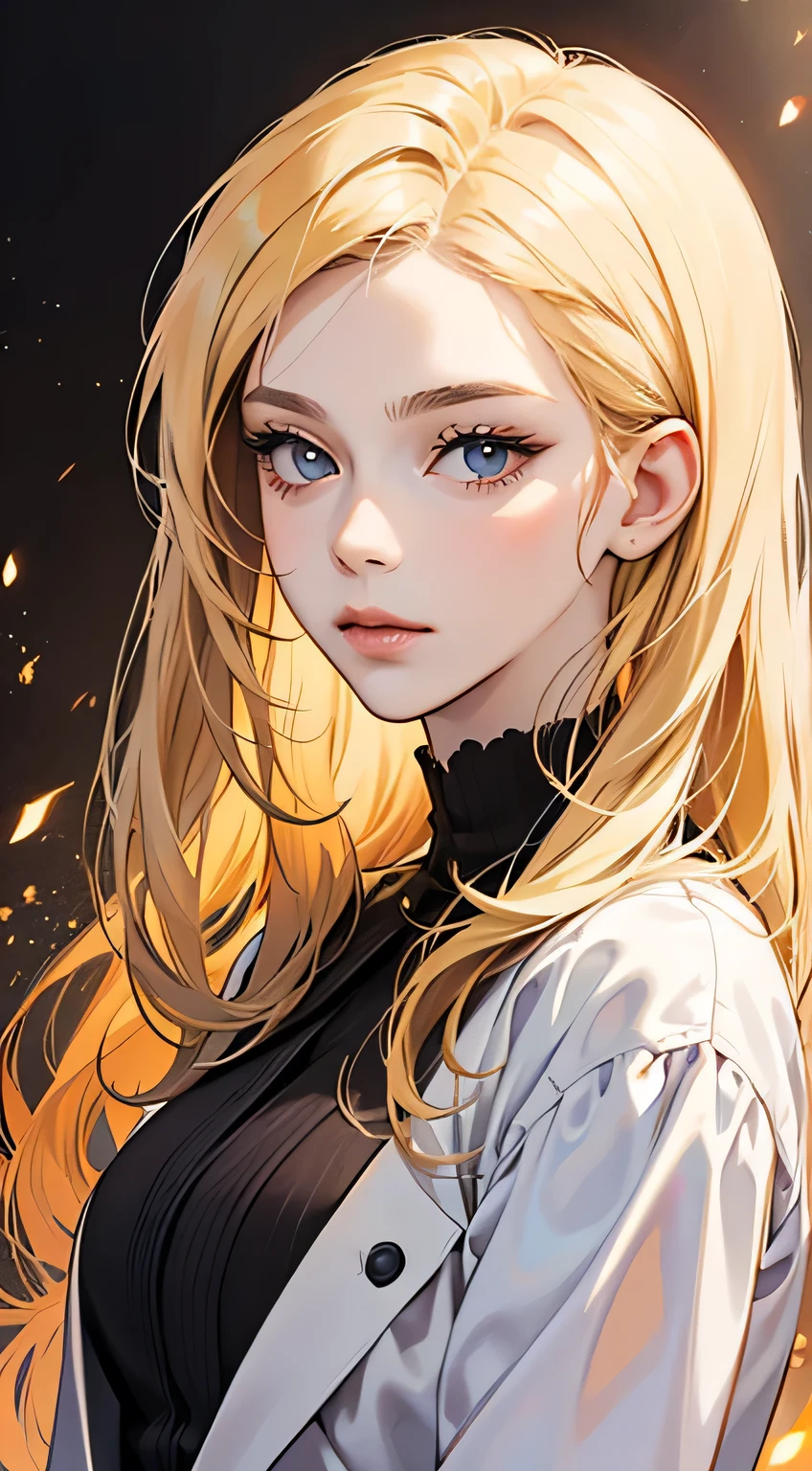 Painting of a woman with blond hair, stunning anime face portrait, beautiful drawing of the characters, beautiful anime portrait, presenting a stunning effect. The picture is very detailed, image of women&#39;s faces and clothing. Her face has a creamy dripping effect, which makes the whole face brighter. She&#39;s wearing a beautiful detailed outfit, showcasing classic charm, medical gown, business style, shirt, A skirt, Blue eyes