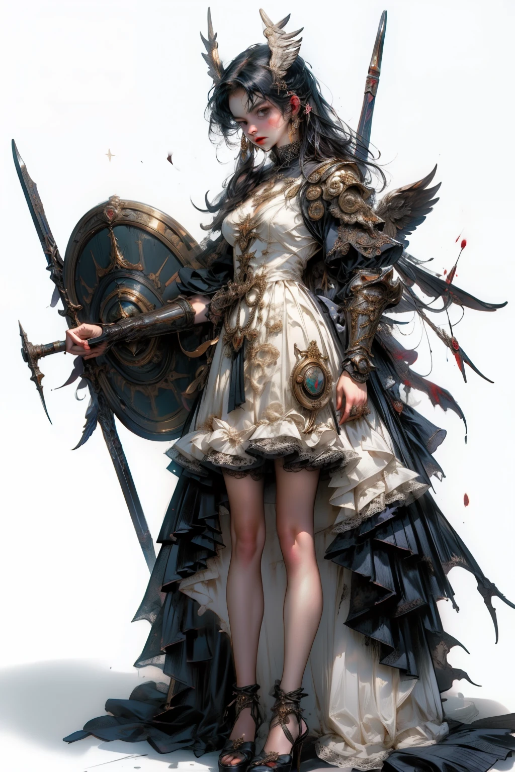 ((best quality)), ((masterpiece)), (detailed), blank white background, plain background, white background, Bloodborne inspired, occult aesthetic, occult, detailed and intricate steampunk and detailed gothic, NSFW, Very dramatic and cinematic lighting, cosmic horror, grim-dark, side-lighting, perfect face, a beaituful goddess valkyrie adorned and enshrined in armour, Bloodborne inspired valkyrie, occult aesthetic valkyrie, occult valkyrie, detailed and intricate steampunk and detailed gothic valkyrie, wielding a sword and holding a shield, NSFW, Fluttering lace flared long knee length dress with frilly petticoats, knee length dress, pleated petticoats, ta dress, petticoats gothic loliside-lighting, gothic lolita aetic, beautiful small breasts, small breasts, full body, whole body, body, plain background, white background, blank background, no background, white background NSFW, full body, whole body, head-to-toe