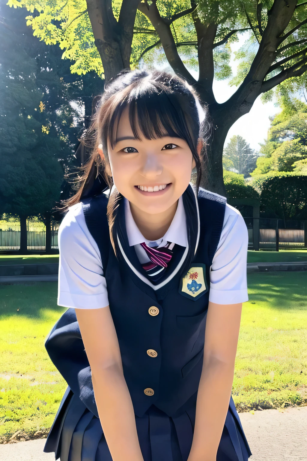 ((masterpiece)), japanese, (a girl), (18 years old), (((school uniform))), smiling, a park, dark blue knit vest, (crouch down), (view from front), sunshine,