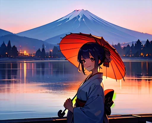 highest quality、Lakeside in front of the mountain、Mt fuji、summer、evening、Beautiful sunset、outside of home、Young girl、Smile on screen、Detailed beauty、picnic、Open the parasol、kimono、taisho roman 