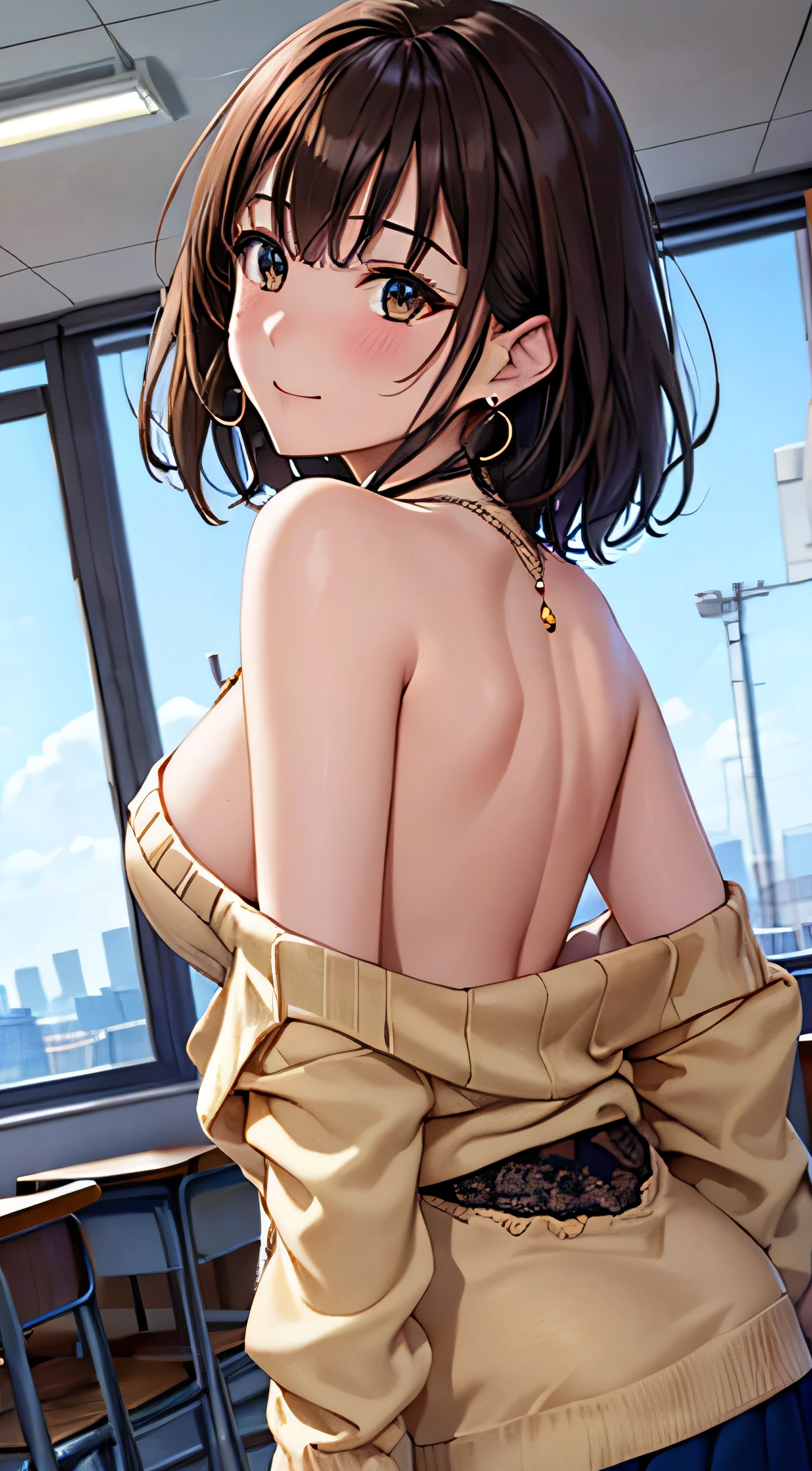 ((Tabletop, highest quality, High resolution, , Pixel perfect, 4K,))), 1 female teacher, single, alone, beauty、The whole body is visible、 ((Mid-wave hair, bangs, Brown Hair)), ((Brown eyes, Beautiful eyelashes, Realistic eyes)), ((Detailed face, Blushing:1.2)), ((Smooth texture:0.75, Realistic texture:0.65, Realistic:1.1, Anime CG Style)), Mid-chest, Dynamic Angle, Perfect body, (( ,necklace、Earrings , Beige off-the-shoulder sweater,Dark blue flared skirt 、)), No bra、look back、Stick your butt out、、Very embarrassing panic smile, 、Leaning forward、classroom、、(Light blue floral lace panties are visible)、Angle from below)、