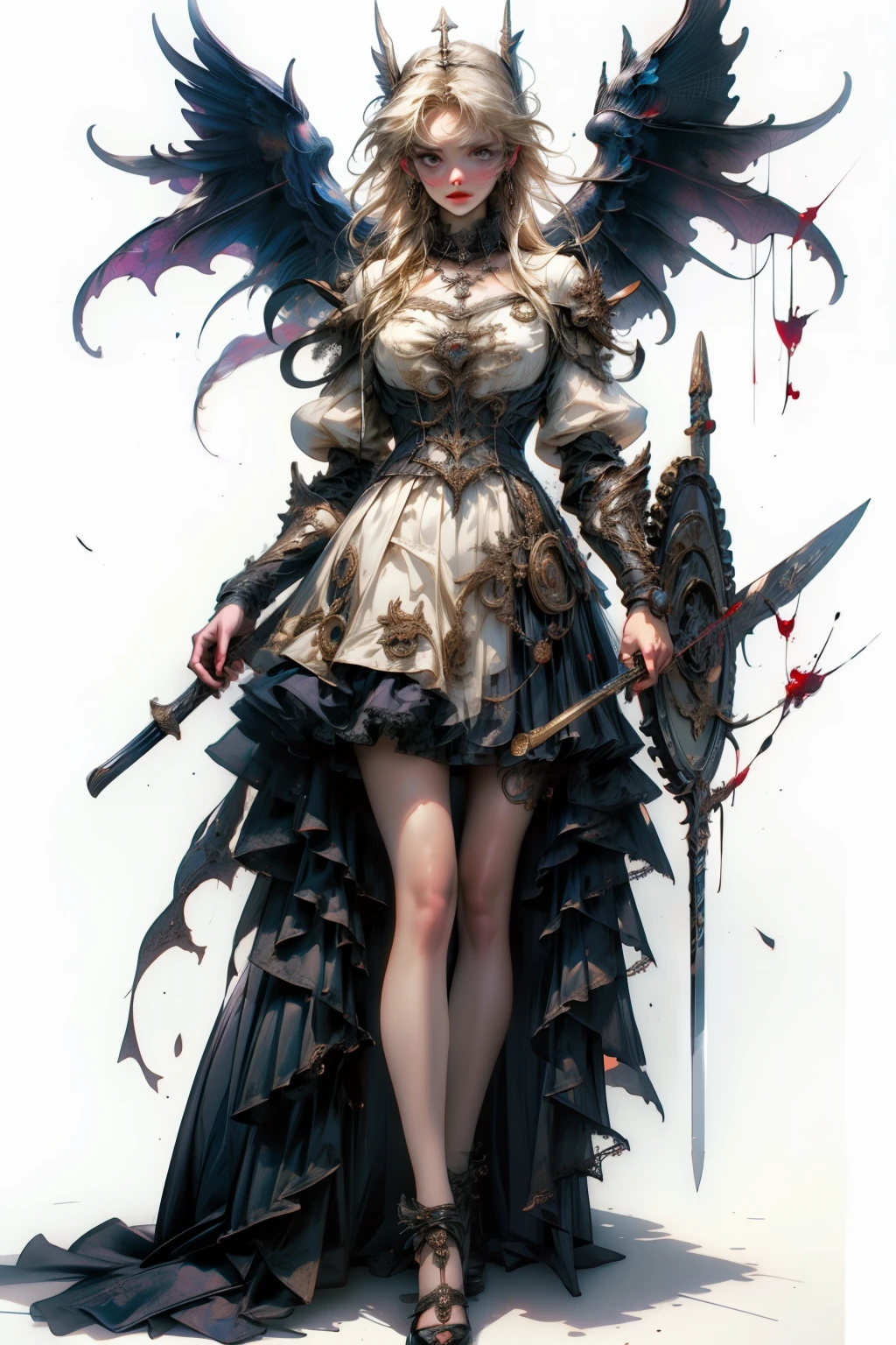 ((best quality)), ((masterpiece)), (detailed), blank white background, plain background, white background, Bloodborne inspired, occult aesthetic, occult, detailed and intricate steampunk and detailed gothic, NSFW, Very dramatic and cinematic lighting, cosmic horror, grim-dark, side-lighting, perfect face, a beaituful goddess valkyrie adorned and enshrined in armour, Bloodborne inspired valkyrie, occult aesthetic valkyrie, occult valkyrie, detailed and intricate steampunk and detailed gothic valkyrie, wielding a sword and holding a shield, NSFW, Fluttering lace flared long knee length dress with frilly petticoats, knee length dress, pleated petticoats, ta dress, petticoats gothic loliside-lighting, gothic lolita aetic, beautiful small breasts, small breasts, full body, whole body, body, plain background, white background, blank background, no background, white background NSFW, full body, whole body, head-to-toe