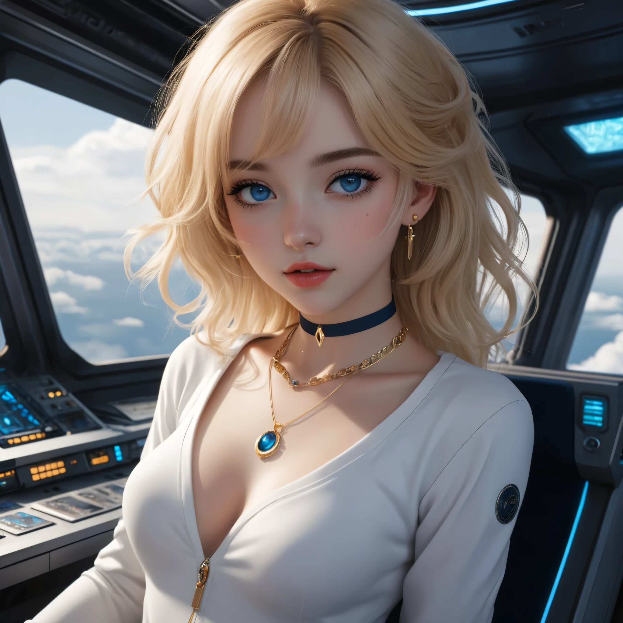 Young blonde anime, aesthetic body, dark blue eyes, with white clothes with blue details, on a spaceship, with golden necklace