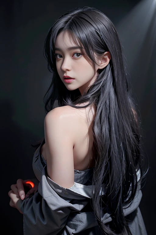 Cleavage, Volumetric lighting、Highly detailed face、One girl、dark、Deep Shadow、Low Key、Cowboy Shot、(Formula Services:1.4)、Hair length、Gray Hair、whole body、Looking back