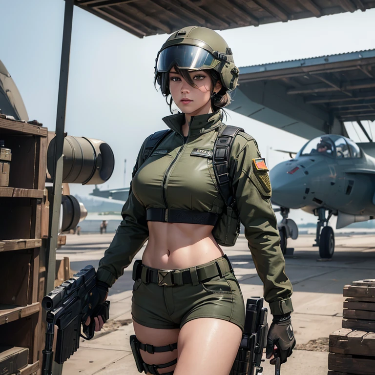 Young girl army shirt, (sweet smile), ultra high resolution, (top quality, masterpiece, intricate details), (detailed gloves, detailed fingers), (detailed face), (fashion photography portrait), professional lighting, ((shot  full body)), (wearing a black racing suit like an army uniform), (striped green mecha shirt), (wearing a military harness), ((holding a machine gun)), (military headphones),((NSFW)),  (sexy:1.2) facing forward, ((big breasts)), (looking towards the audience:1.2), 1 girl, hair in a ponytail, (curvy), narrow waist,  (army shirt:1.3), (open shirt  :1.4),  narrow), (advanced tank car background), (standing pose holding a weapon), intricate details, (complex tank car details: 1.4), uncensored,