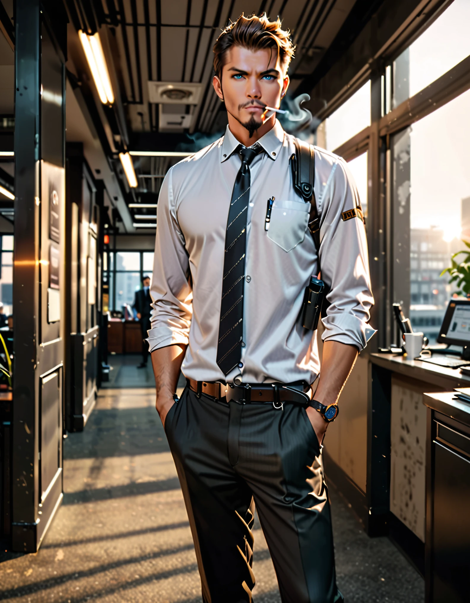 masterpiece, best quality, secret agent, (white suit t-shirt), sleeves rolled up, black necktie, shoulder holster, brown slacks, black dress shoes, hand in pocket, smoking, office background, indoors, realistic, stylish, rutkowski, goatee, brown hair, buzz hair, blue eyes, looking at viewer, intricate details, hyperdetailed, cinematic, rim light, danger atmosphere