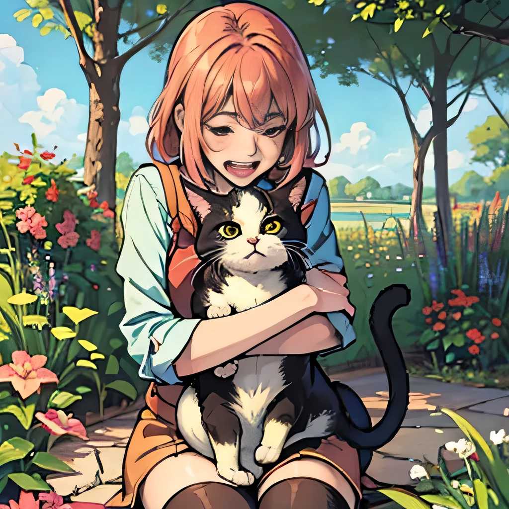 8K, (anime, manga, illustration:1.3),insanely detailed, absurd, (1girl, cat), (hug, laugh:1.2), garden