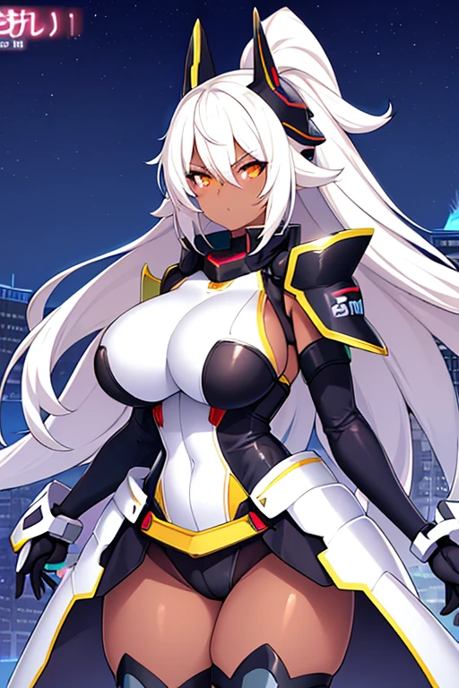 1girl, dark-skin, dark-skinned female, white hair, long hair, black leotard, white trim, large breasts, thick thighs, belt, thighhighs, pantyhose, knife, mature female, milf, toned, tall, shoulder armor, sleeves, long sleeves, gloves, elbow gloves, neon, neon trim, neon lights, futuristic, science-fiction, tech, machinery, anime style, 2d, anime screencap, ((anime style)), ((2d)), ((anime screencap))