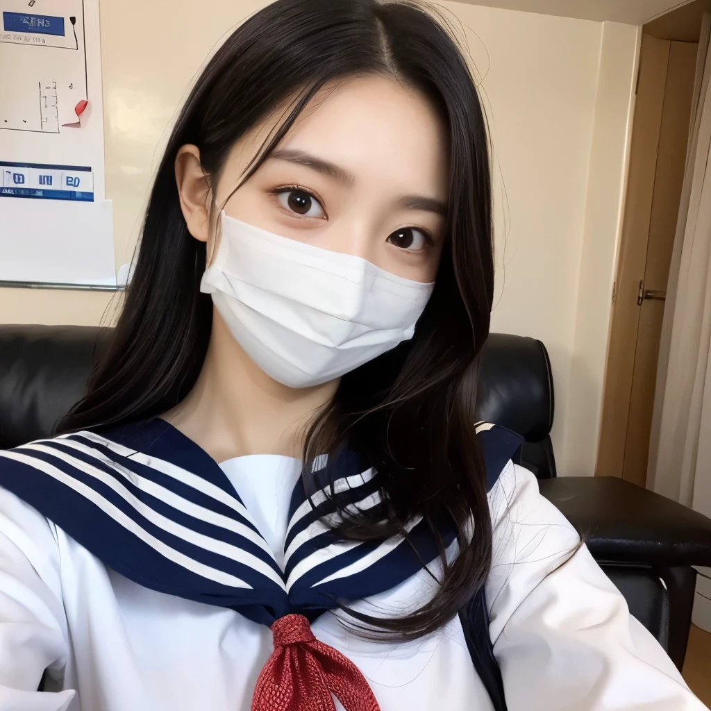女の子1 person, alone, highest quality, 8k, Japanese women photos, 17 years old, kindergarten teacher, 長くてストレートなBlack Hair,, ((Plump)), ((Big Breasts)),Sailor suit,Sailor suit,, The best smile,Grow eyes,  Shining happiness, Caring personality, Sweet feminine aura, Calm but firm attitude, Lightly freckled cheeks, A spirit of warmth and joy, Discreet and perfect for class,Eyes that shine with devotion, a humble and dedicated kindergarten teacher, 1 person,Inside the room,超Big Breasts,Big Breasts,Sailor suit,mini skirt,Sitting on the couch,Black HairのストレートLong Hair,Long Hair,Black Hair,Selfie Camera,Selfie Camera,Wear a mask,Wear a mask,Cover your mouth,17 years old,Wear a mask,valley,My chest is about to burst