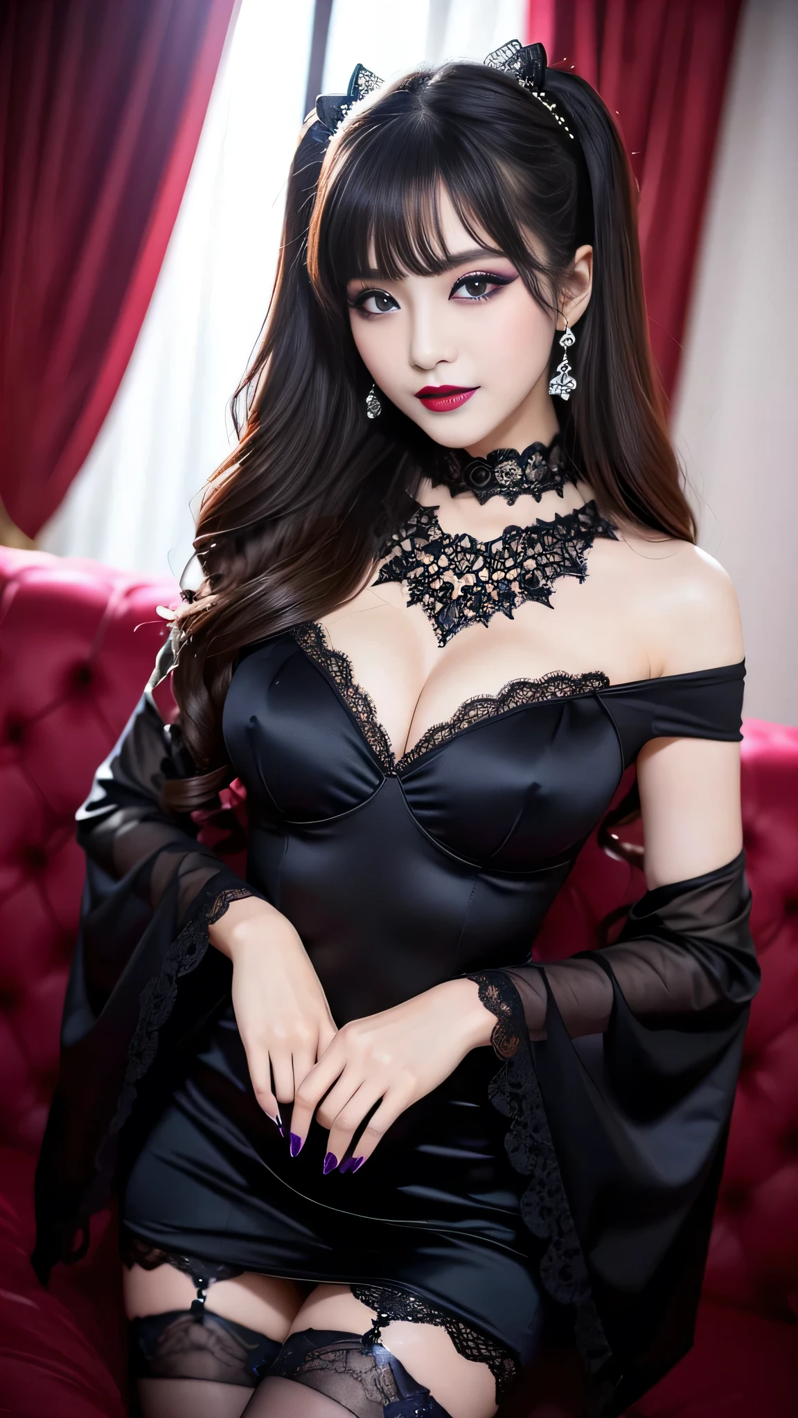 best quality、ultra-detailed、4k、Japanese、Seductive beauty、seductive adult woman、Pretty Woman、cool girl、Villainess、Brainwashed、brainwash、Fallen into evil、smirk、Evil look、Wicked Smile、evil、Brown hair、wavy hair、swept bangs、dark makeup、dark makeup、piercing eyes、hollow eyes,half-closed eyes、Hollow Eyes、purple Eyeshadow、black lipstick、black lipglos、Lace fabric、sky blue Long party dress、Wide sleeves、stockings、pantyhose、night、inside darkroom、Are standing、shoot from below、Makeup brushes、Have lipstick、Emblem of Evil、Crest of Darkness、Swear allegiance、I have pledged my allegiance、Dye black、Blackening、Stained with evil、Dyed in darkness、Seduce、