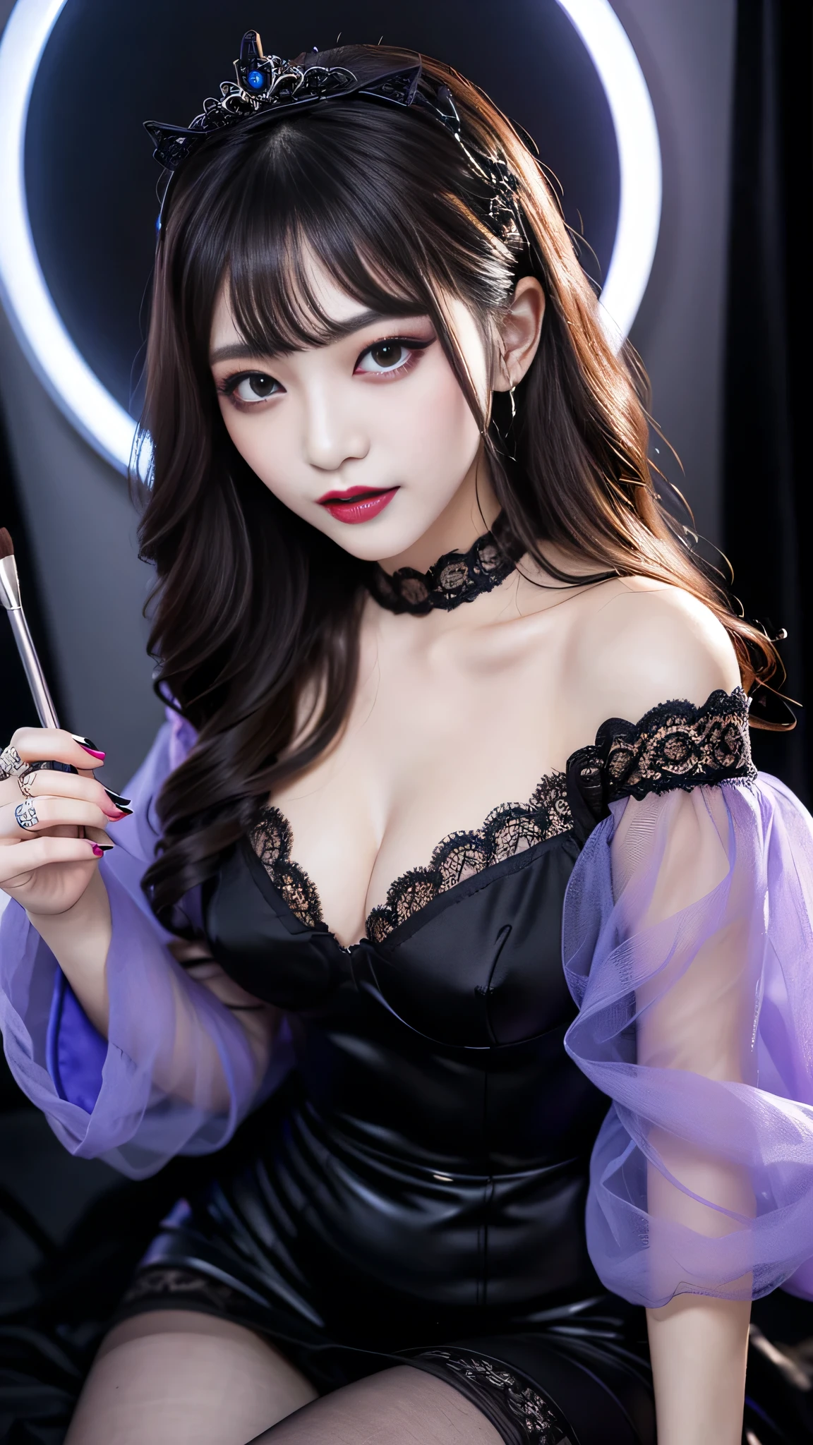 best quality、ultra-detailed、4k、Japanese、Seductive beauty、seductive adult woman、Pretty Woman、cool girl、Villainess、Brainwashed、brainwash、Fallen into evil、smirk、Evil look、Wicked Smile、evil、Brown hair、wavy hair、swept bangs、dark makeup、dark makeup、piercing eyes、hollow eyes,half-closed eyes、Hollow Eyes、purple Eyeshadow、black lipstick、black lipglos、Lace fabric、blue party dress、Wide sleeves、stockings、pantyhose、night、inside darkroom、Are standing、shoot from below、Make up、Makeup brushes、Have lipstick、Swear allegiance、I have pledged my allegiance、Seduce、