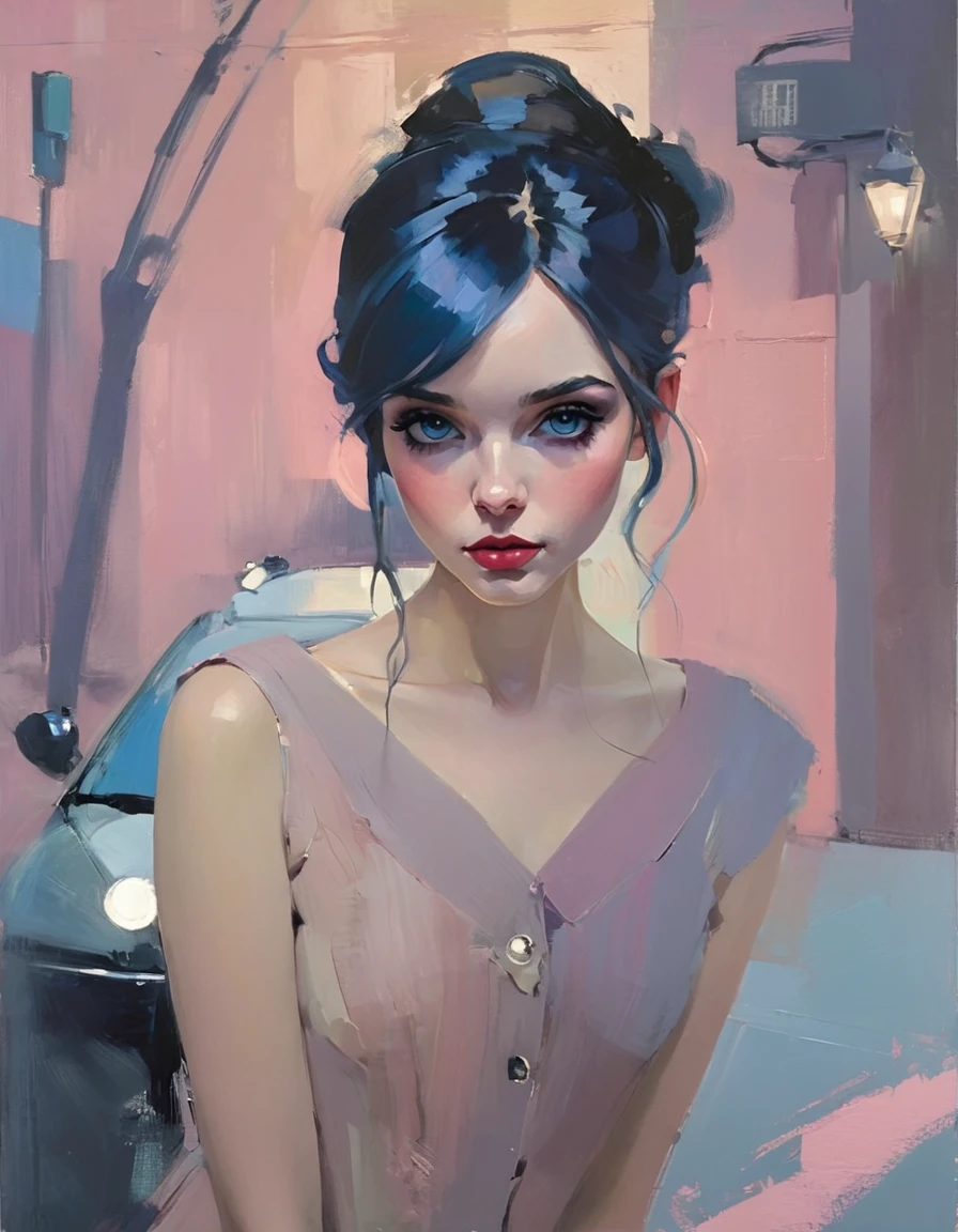 Create a contemporary portrait of a person in the expressive and painterly style of Malcolm Liepke, utilizing a palette of light pink, muted blue, dark grayish blue, bright blue, very dark gray, and light grayish blue. The portrait should feature a close-up of the subject's face with strong, dynamic brushstrokes and a focus on capturing the depth and texture characteristic of Liepke's work. Use light pink and bright blue for the highlights and vibrant areas, while employing muted blue, dark grayish blue, very dark gray, and light grayish blue to create shadows and depth. Ensure the background complements the portrait with subtle variations of the same color palette, evoking a sense of modern elegance and emotional intensity