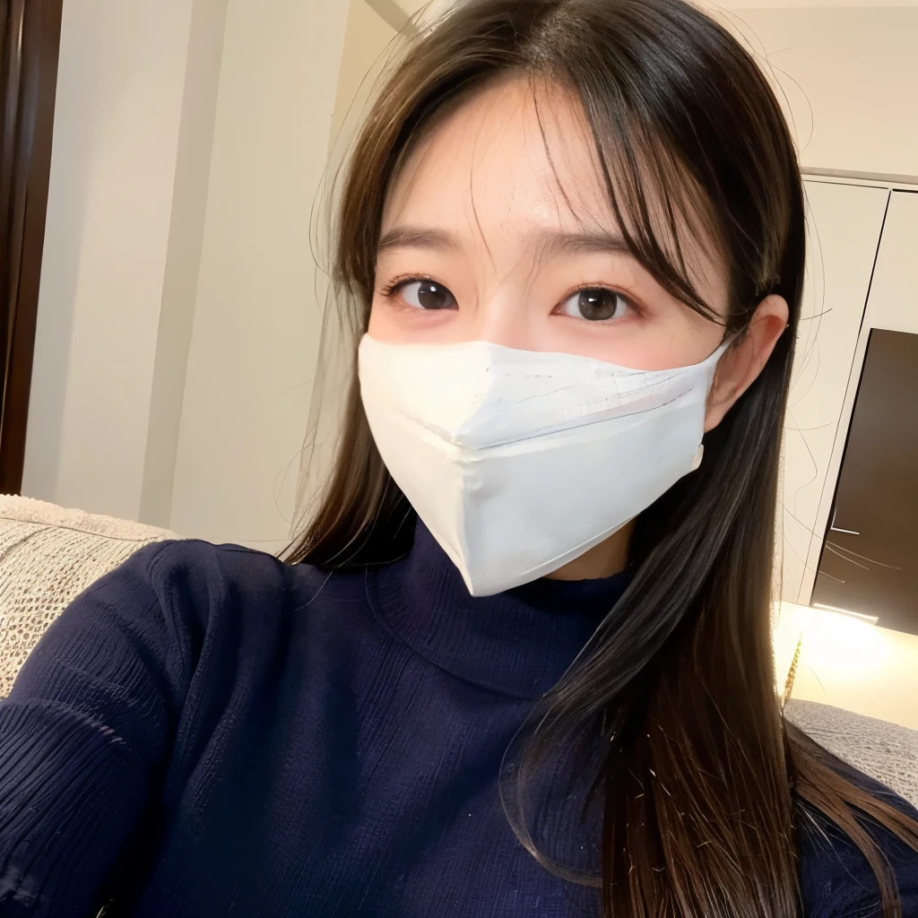 女の子1 person, alone, highest quality, 8k, Japanese women photos, ,,, ((Plump)), ((Big Breasts)),Knitted turtleneck,Knitted dress,, The best smile,Grow eyes, Shining happiness, Caring personality, Sweet feminine aura, Calm but firm attitude, Lightly freckled cheeks, A spirit of warmth and joy, Discreet and perfect for class, Eyes that shine with devotion, a humble and dedicated kindergartenperson,Inside the room,超Big Breasts,Big Breasts,Knitted turtleneck,Tight knit,Sitting on the couch,Selfie Camera,Wear a mask,Baby Face,Face like a hi student,18-year-old,18-year-old,Baby Face, face,Young face,Young ,high school girl,Wear a mask,Wear a mask,Cover your mouth,Wear a mask,Young face,15 years old,15 years old