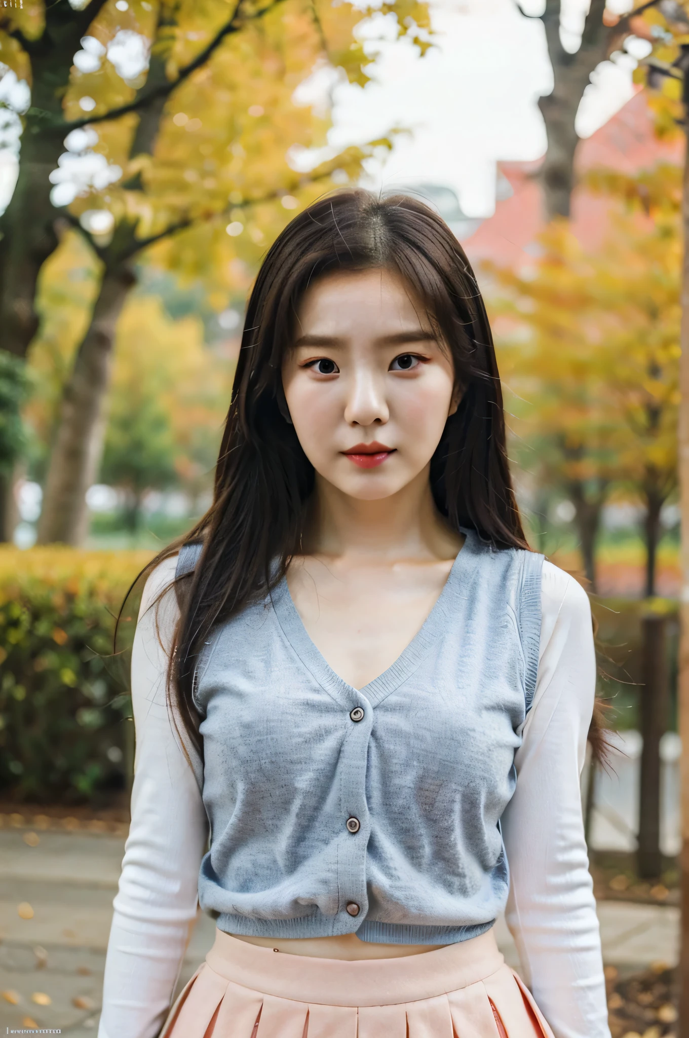 hd, realistic, south korean girl, k-pop idol, 21 yrs old, cute diligent, heart shaped faced, doe eyes, korean campus style short vest+long sleeved+a-Line bust skirt spring autumn, black hair, lee ji-eun, cute, charming, sexy, delicate, beautiful, innocent, younger sister , IU, button-like nose, small nose. 