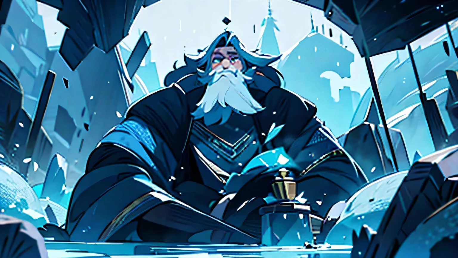 A BLUE ICE GIANT, YELLOW EYES AND LONG HAIR AND ARMS, SITTING ON HIS THRONE, HOLDING THE HAMMER OF THE GOD THOR. THE PLACE HE IS IN IS MADE OF STONE, LIKE A CAVE.