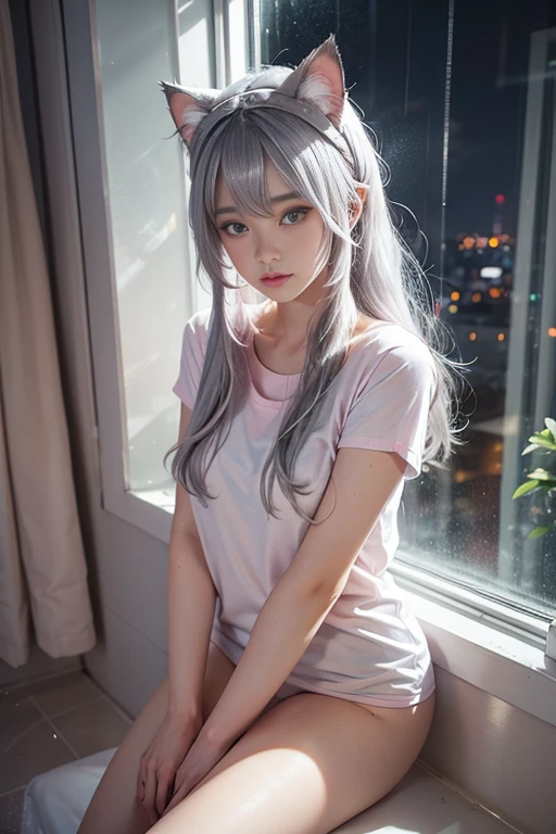 Leaning against the window, sad, Silver Hair, Hair bangs, Cat Ear Headband, Shiny Hair, Skin pores, Glowing Skin, Pink T-shirt, In the room, Rain outside the window, night, Lovely, beautiful, naked