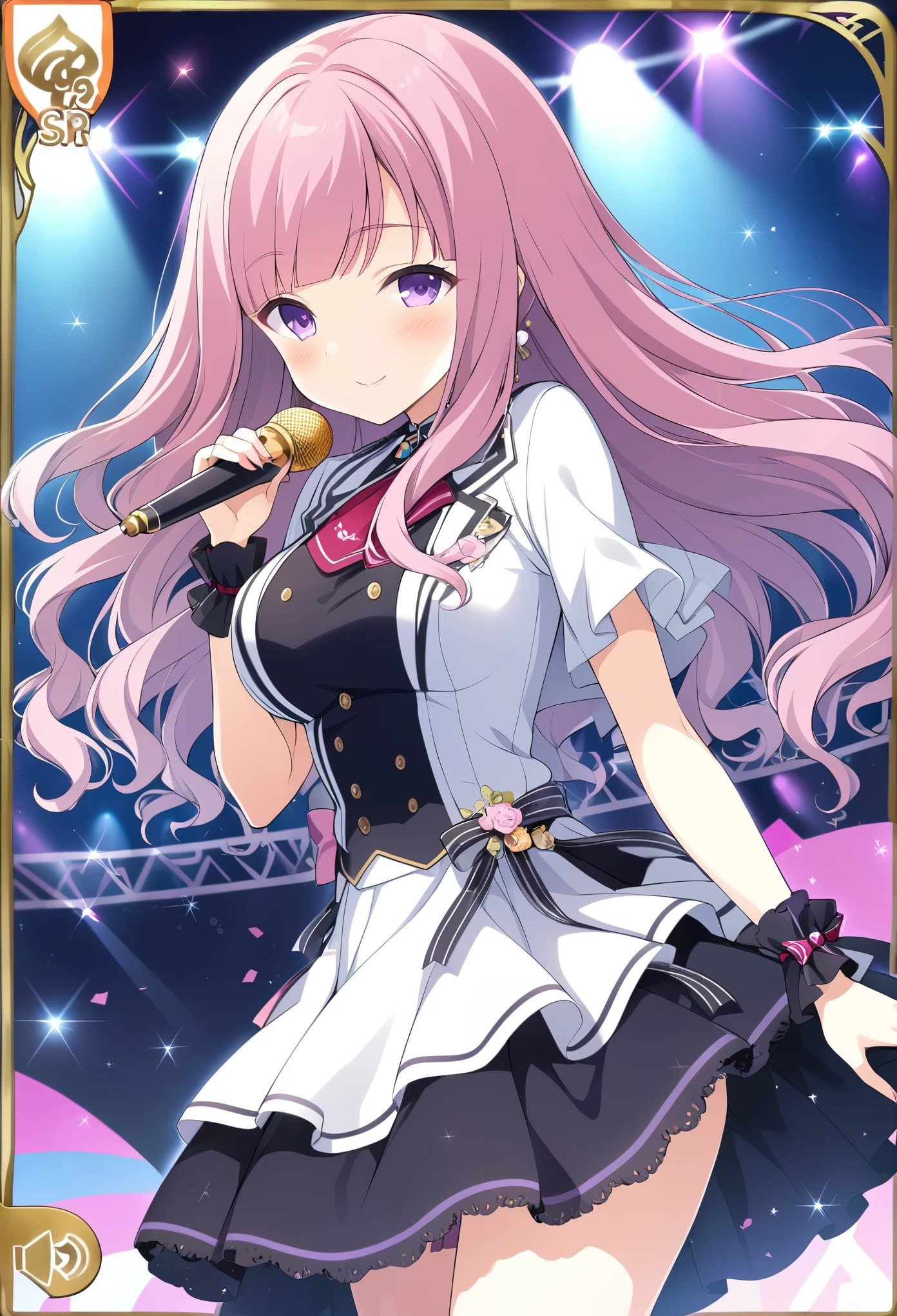 yuutenjiyayoi, pink hair, bangs, long hair, purple eyes,, large breasts,, Live Stage, solo .