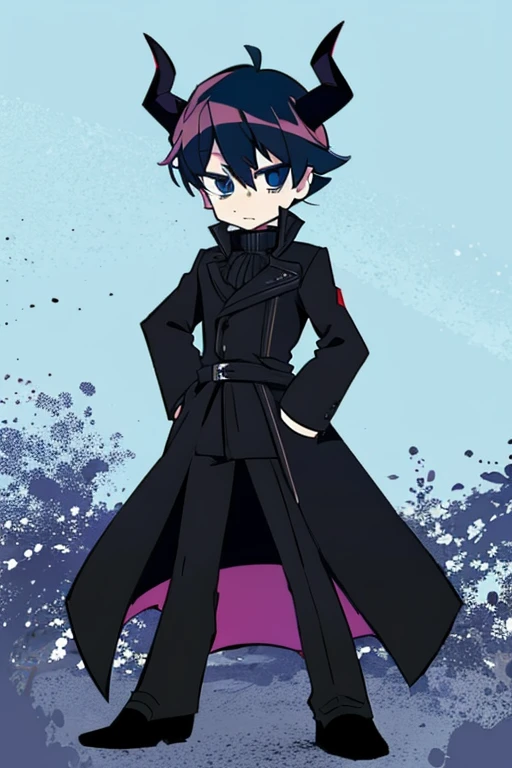 Demon boy ,two horns, overcoat Black,blue hair,full body