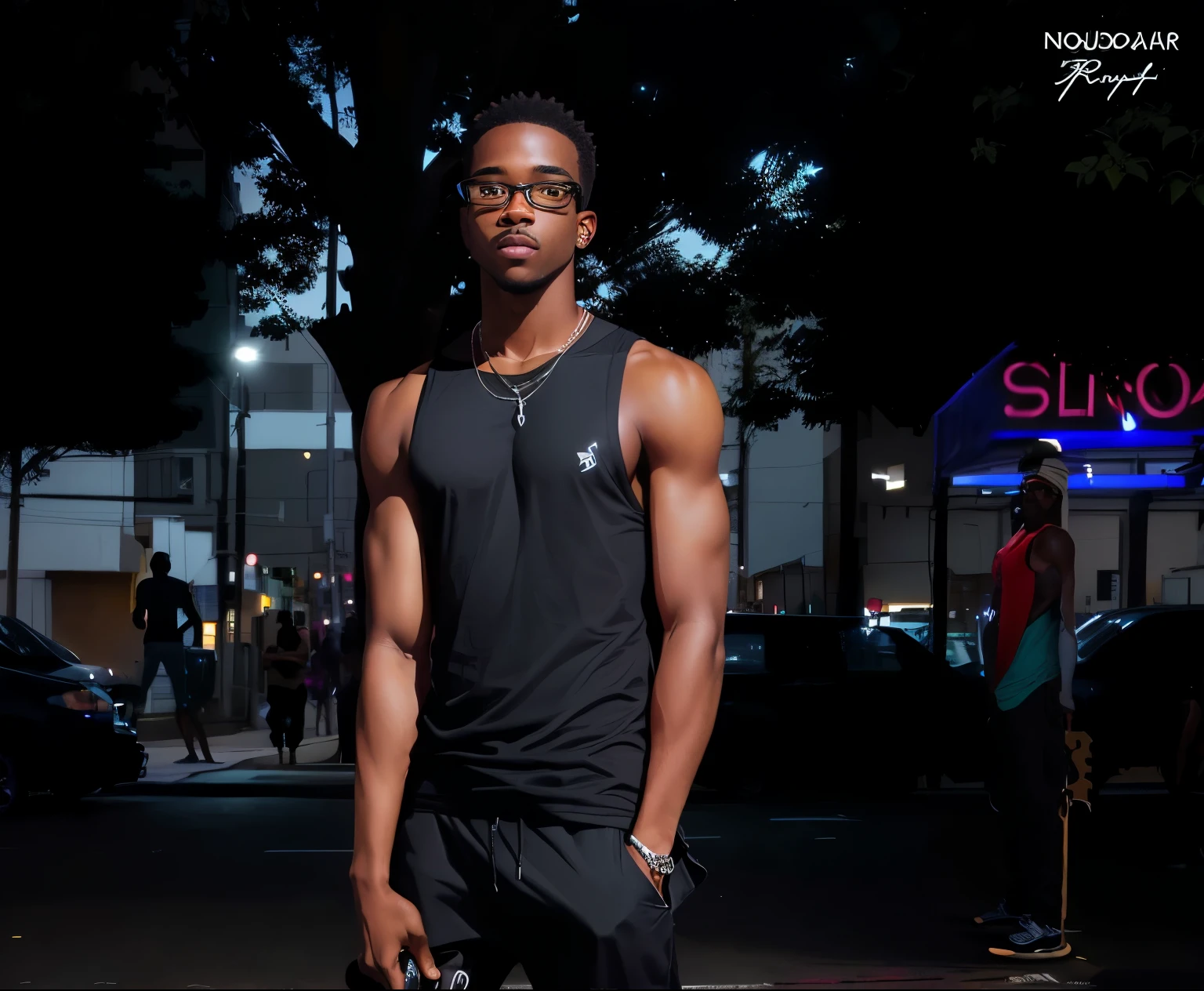 black man wearing glasses and a black tank top holding a skateboard,  foto sofisticada, shot at night with studio lights, , fotografia de modelagem, foto de retrato de corpo inteiro, tirada durante a noite, pose elegante