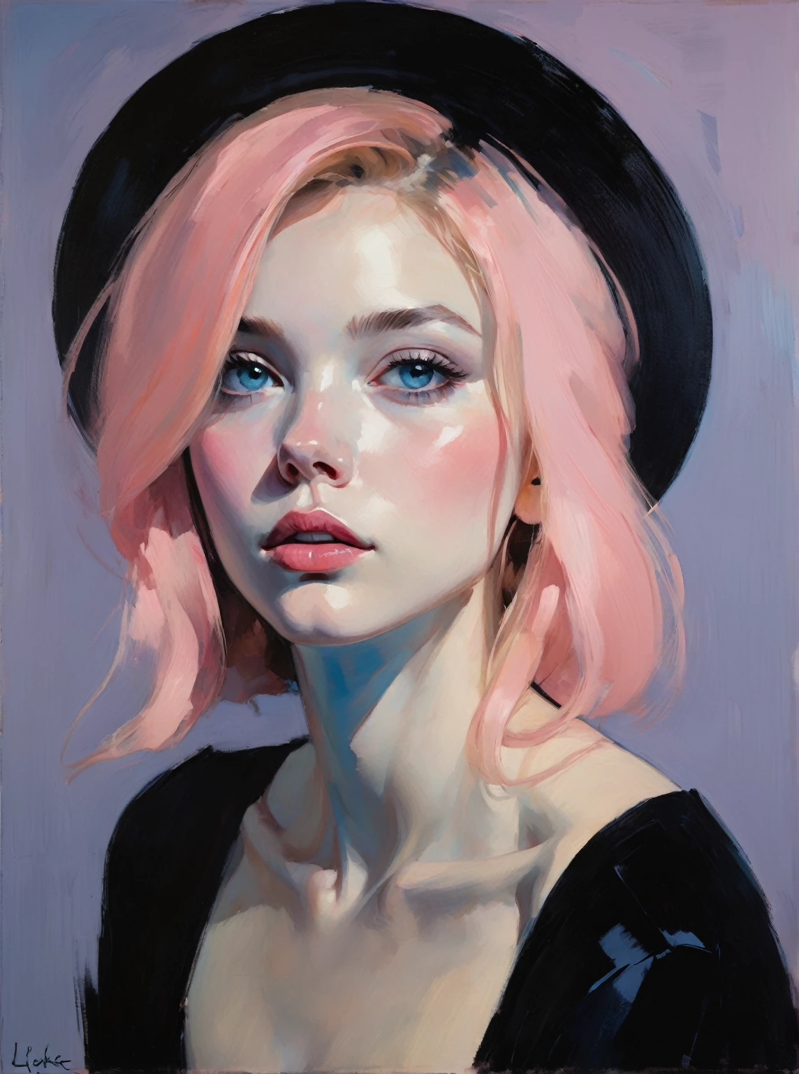 Create a contemporary portrait of a person in the expressive and painterly style of Malcolm Liepke, utilizing a palette of light pink, muted blue, dark grayish blue, bright blue, very dark gray, and light grayish blue. The portrait should feature a close-up of the subject's face with strong, dynamic brushstrokes and a focus on capturing the depth and texture characteristic of Liepke's work. Use light pink and bright blue for the highlights and vibrant areas, while employing muted blue, dark grayish blue, very dark gray, and light grayish blue to create shadows and depth. Ensure the background complements the portrait with subtle variations of the same color palette, evoking a sense of modern elegance and emotional intensity