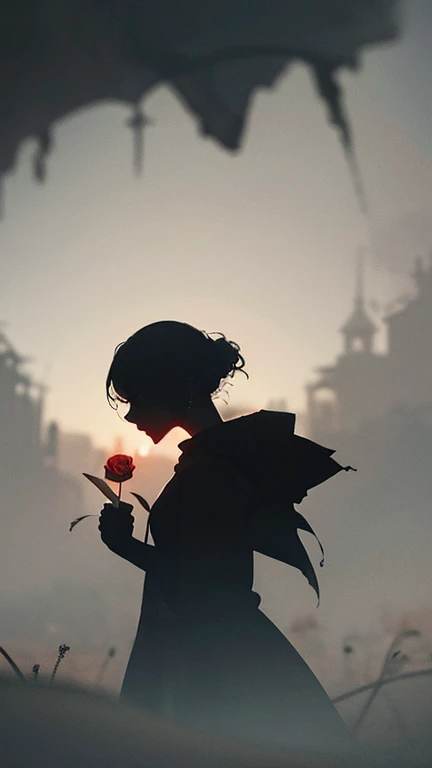 1 Girl, (silhouette:1.3), blackwork, painful, creepy, sheet, roses, skull, abstract, ambient lighting, (blurred background, blurred foreground, Depth of field:1.3), Swirling fog, Rainbow fog, traditional texture, dripping