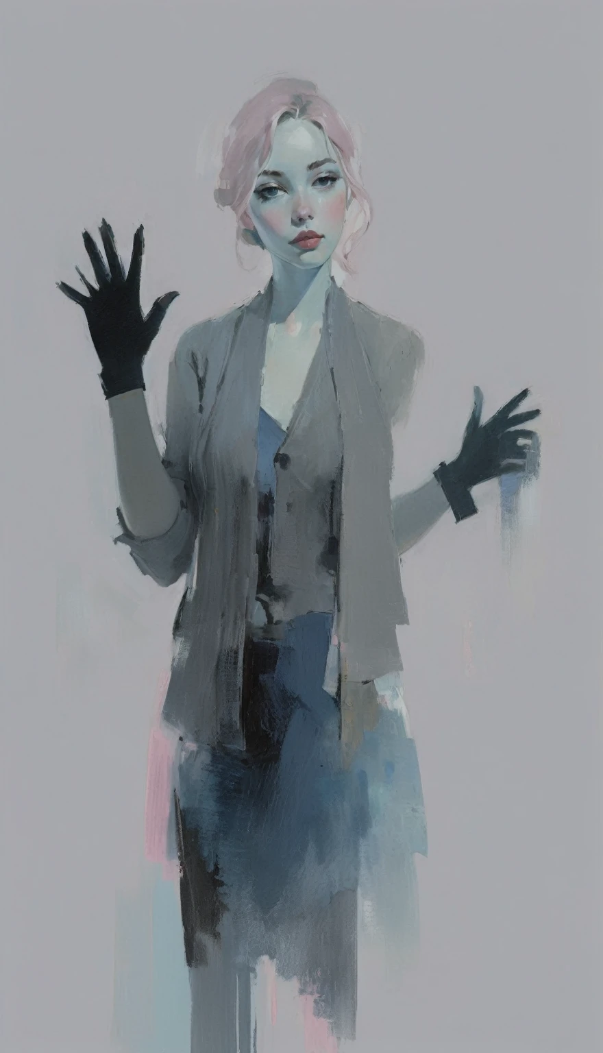 Create a contemporary portrait of a person in the expressive and painterly style of Malcolm Liepke, utilizing a palette of light pink, muted blue, dark grayish blue, bright blue, very dark gray, and light grayish blue. The portrait should feature a close-up of the subject's face with strong, dynamic brushstrokes and a focus on capturing the depth and texture characteristic of Liepke's work. Use light pink and bright blue for the highlights and vibrant areas, while employing muted blue, dark grayish blue, very dark gray, and light grayish blue to create shadows and depth. Ensure the background complements the portrait with subtle variations of the same color palette, evoking a sense of modern elegance and emotional intensity