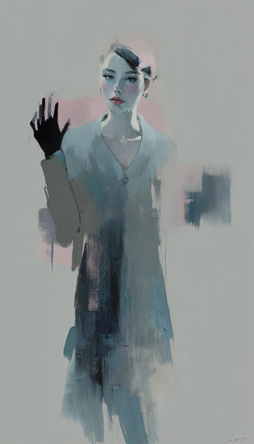 Create a contemporary portrait of a person in the expressive and painterly style of Malcolm Liepke, utilizing a palette of light pink, muted blue, dark grayish blue, bright blue, very dark gray, and light grayish blue. The portrait should feature a close-up of the subject's face with strong, dynamic brushstrokes and a focus on capturing the depth and texture characteristic of Liepke's work. Use light pink and bright blue for the highlights and vibrant areas, while employing muted blue, dark grayish blue, very dark gray, and light grayish blue to create shadows and depth. Ensure the background complements the portrait with subtle variations of the same color palette, evoking a sense of modern elegance and emotional intensity