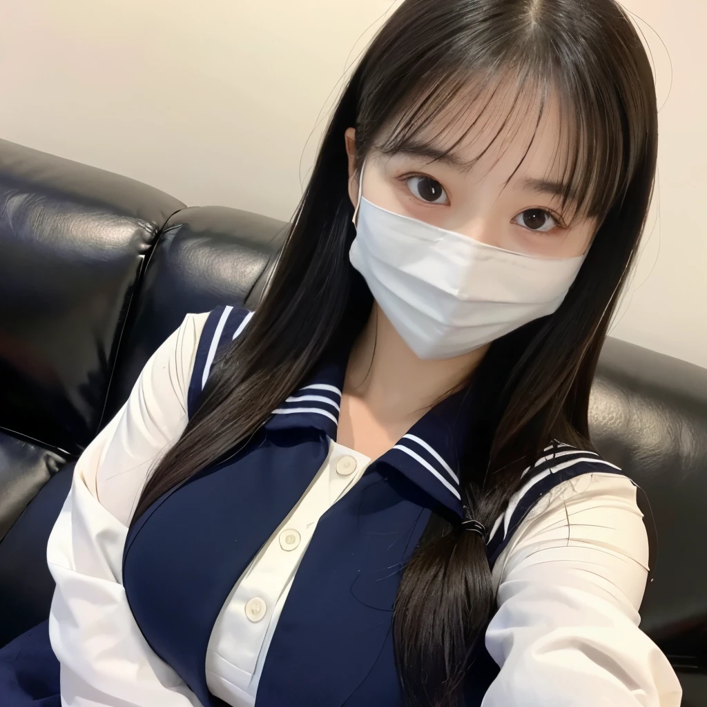 女の子1 person, alone, highest quality, 8k, Japanese women photos, 17 years old, kindergarten teacher, 長くてストレートなBlack Hair,, ((Plump)), ((Big Breasts)),Sailor suit,Sailor suit,, The best smile,Grow eyes, Shining happiness, Caring personality, Sweet feminine aura, Calm but firm attitude, Lightly freckled cheeks, A spirit of warmth and joy, Discreet and perfect for class,Eyes that shine with devotion, a humble and dedicated kindergarten teacher, 1 person,Inside the room,超Big Breasts,Big Breasts,Sailor suit,mini skirt,Sitting on the couch,Black HairのストレートLong Hair,Long Hair,Black Hair,Selfie Camera,Selfie Camera,Wear a mask,Wear a mask,Cover your mouth,17 years old,Wear a mask,valley,My chest is about to burst