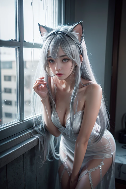 Leaning against the window, sad, Silver Hair, Hair bangs, Cat Ear Headband, Shiny Hair, Skin pores, Glowing Skin, In the room, Rain outside the window, night, Lovely, beautiful, naked