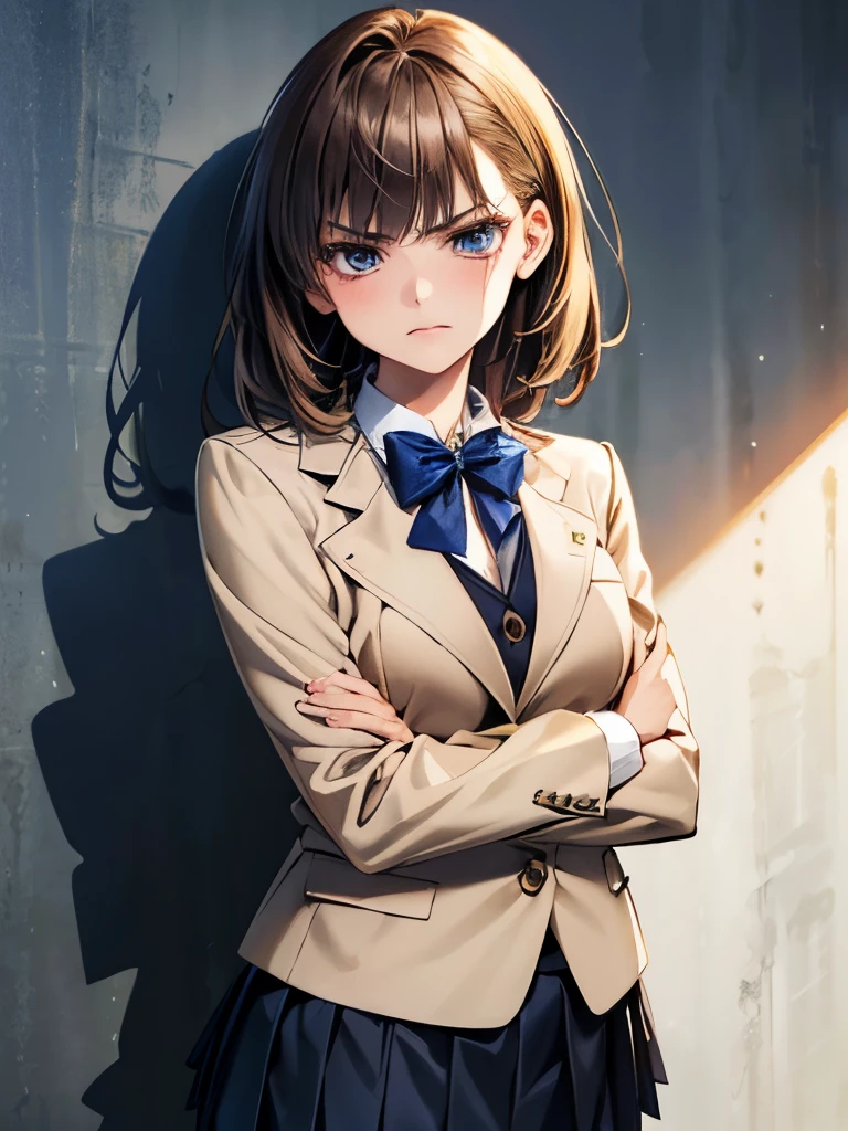 (masterpiece:1.2, highest quality), (Realistic, photoRealistic:1.4), Beautiful illustrations, (Natural Side Lighting, Cinema Lighting), ,
, (Face Focus, Upper Body, Front view:0.6), 1 girl, high school girl, Japanese, Perfect Face, Perfect Anatomy, Cute and symmetrical face, (Round face), Shiny skin,
(Medium Hair、Blonde), Blunt bangs, blue eyes, Big eyes, Long Eyelashes, (Medium chest),
Beautiful Hair, Beautiful Face, Beautiful fine details, Beautiful clavicle, Beautiful body, Beautiful breasts,
(((navy , navy school blazer:1.2, navy pleated mini skirt), Closed blazer, Grey bow tie, White collared shirt), (Bust Shot),
(Pure white wall background), Are standing, (Arms folded in front of chest), (Angry expression),