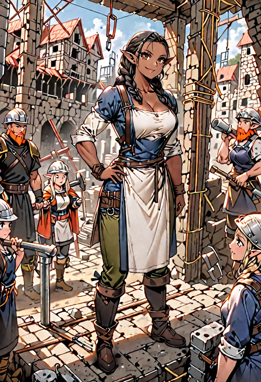 female, sfw, dwarf, mature woman, dark skin, brown eyes, large breasts, muscular, medieval, construction uniform, cleavage, hammer, ((underground)), construction site, fantasy, pointy ears, braids, medium view, broad shoulders, strong, mischievous smile, plain clothes, harness, rope, scaffold, chisel, very short woman, apron