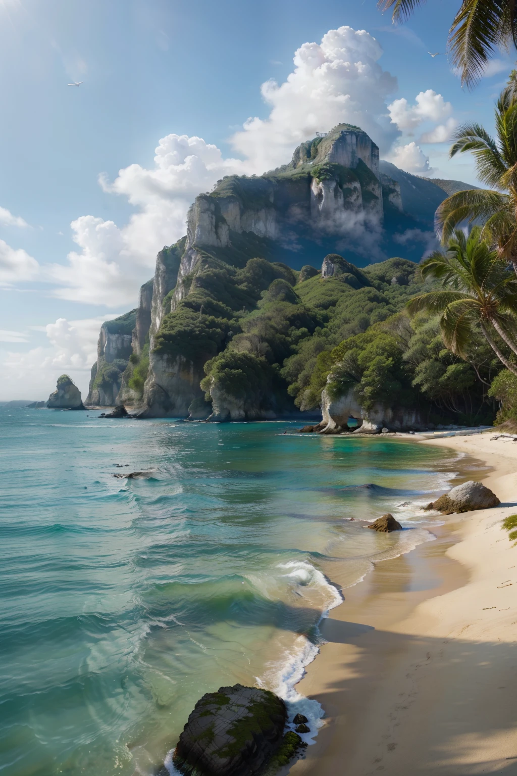 (best quality,4k,8k,highres,masterpiece:1.2),ultra-detailed,(realistic,photorealistic,photo-realistic:1.37),landscape,seascape,natural beauty,serene atmosphere,calm waves,glistening ocean,glorious summer,sandy beach,sun-kissed horizon,blissful tranquility,majestic cliffs,swaying palm trees,clear blue sky,gentle breeze,endless horizon,splendid sunlight,breathtaking colors,vibrant hues,harmonious composition,soft reflections,ethereal ambiance,peaceful escape,warm sunlight illuminating the scenery,sparkling water,secluded paradise,enchanting shoreline,distant sailboats,seagulls soaring in the sky,invigorating scent of saltwater,pure serenity,secluded cove,azure waters,pristine beauty,unspoiled nature,captivating view,scenic wonder,natural oasis,dreamlike paradise.